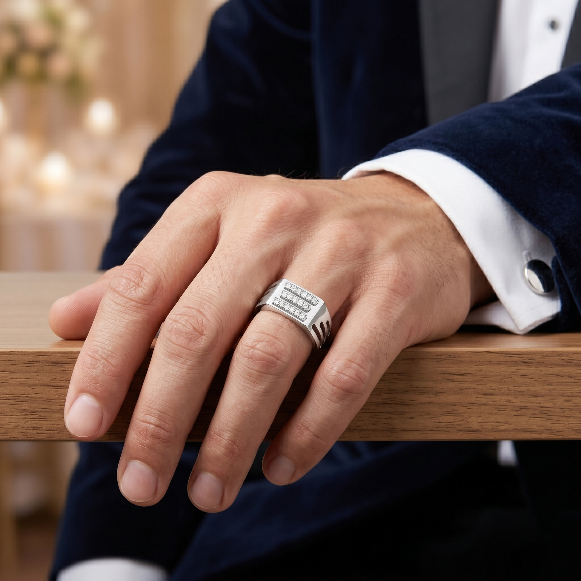 Sterling Silver Men's Round Diamond Wide Band Aesthetic Statement Ring