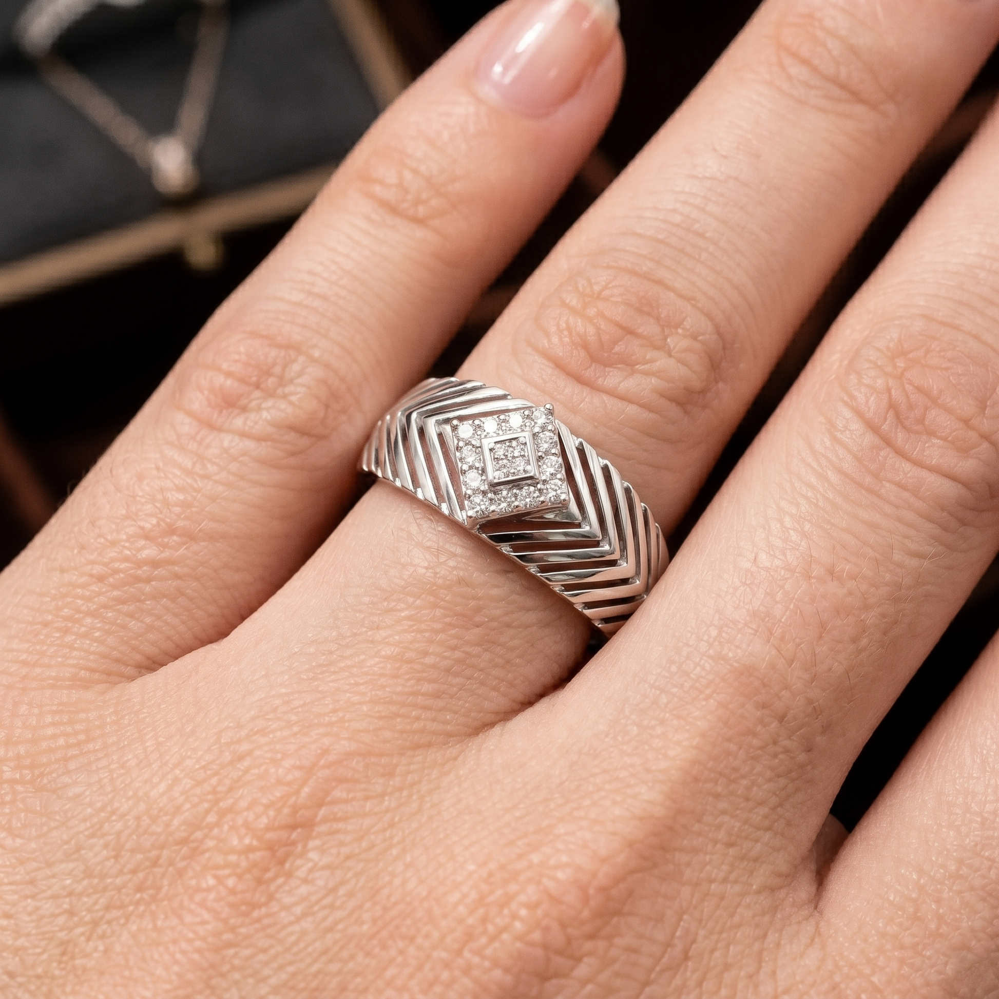 Elegant Geometric Encrusted Round Diamond Accent Band in Sterling Silver