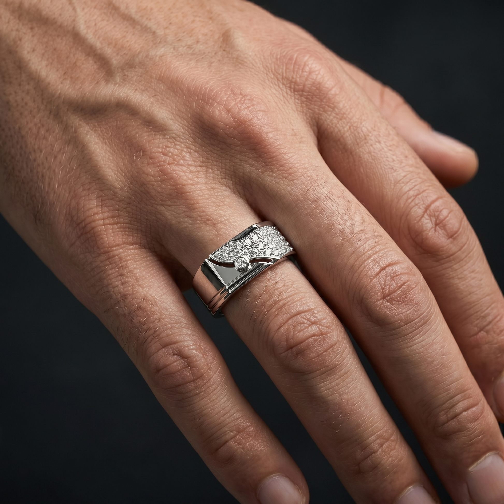 Sovereign Crest Men's Broad Round Diamond Sterling Silver Band
