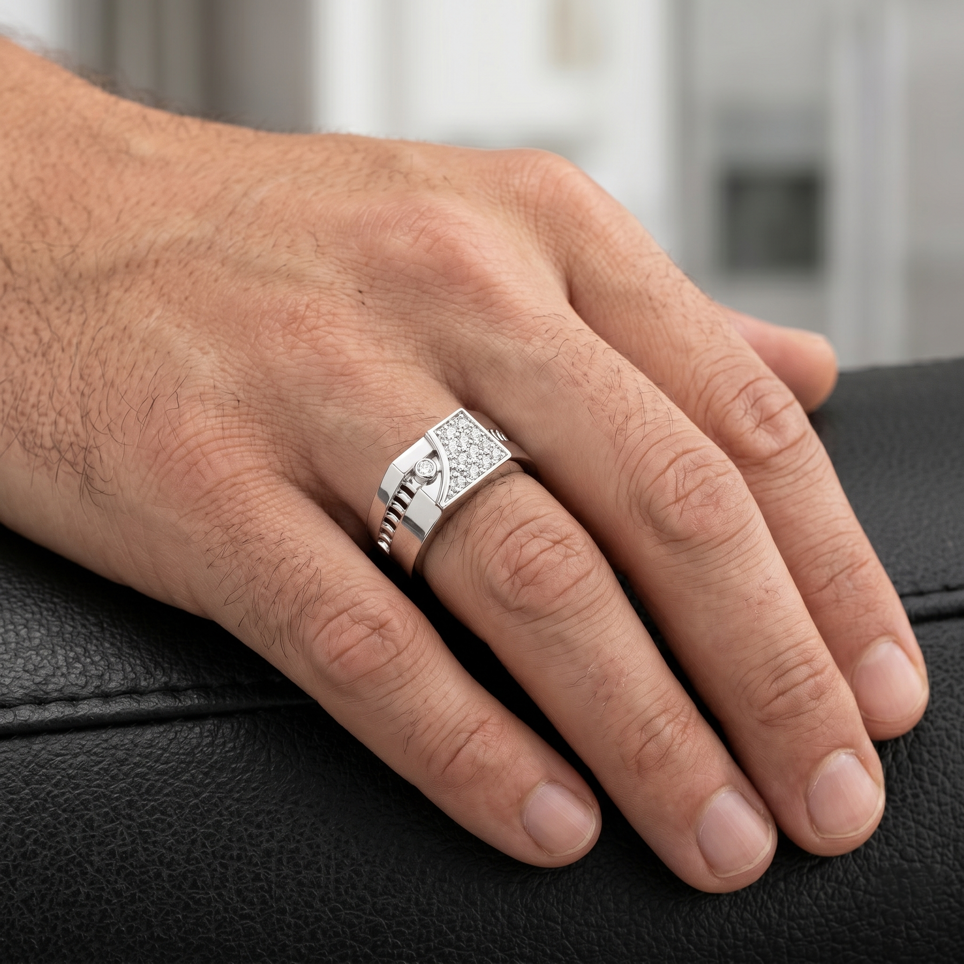 Modern Men's Geometric Sterling Silver Diamond Accent Signet Band