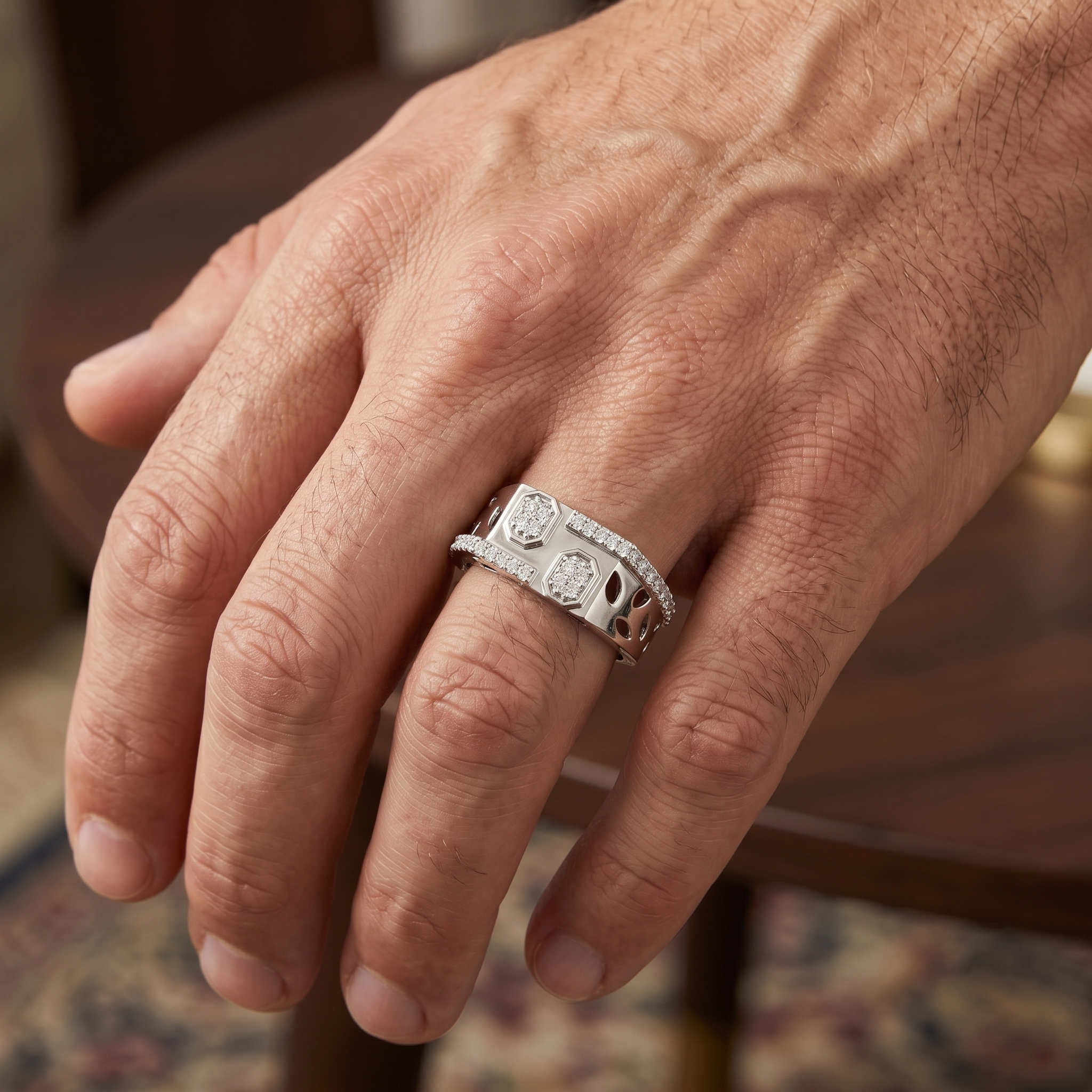 Geometric Openwork Sterling Silver Cluster Diamond Statement Band with Asymmetrical Pavé Borders