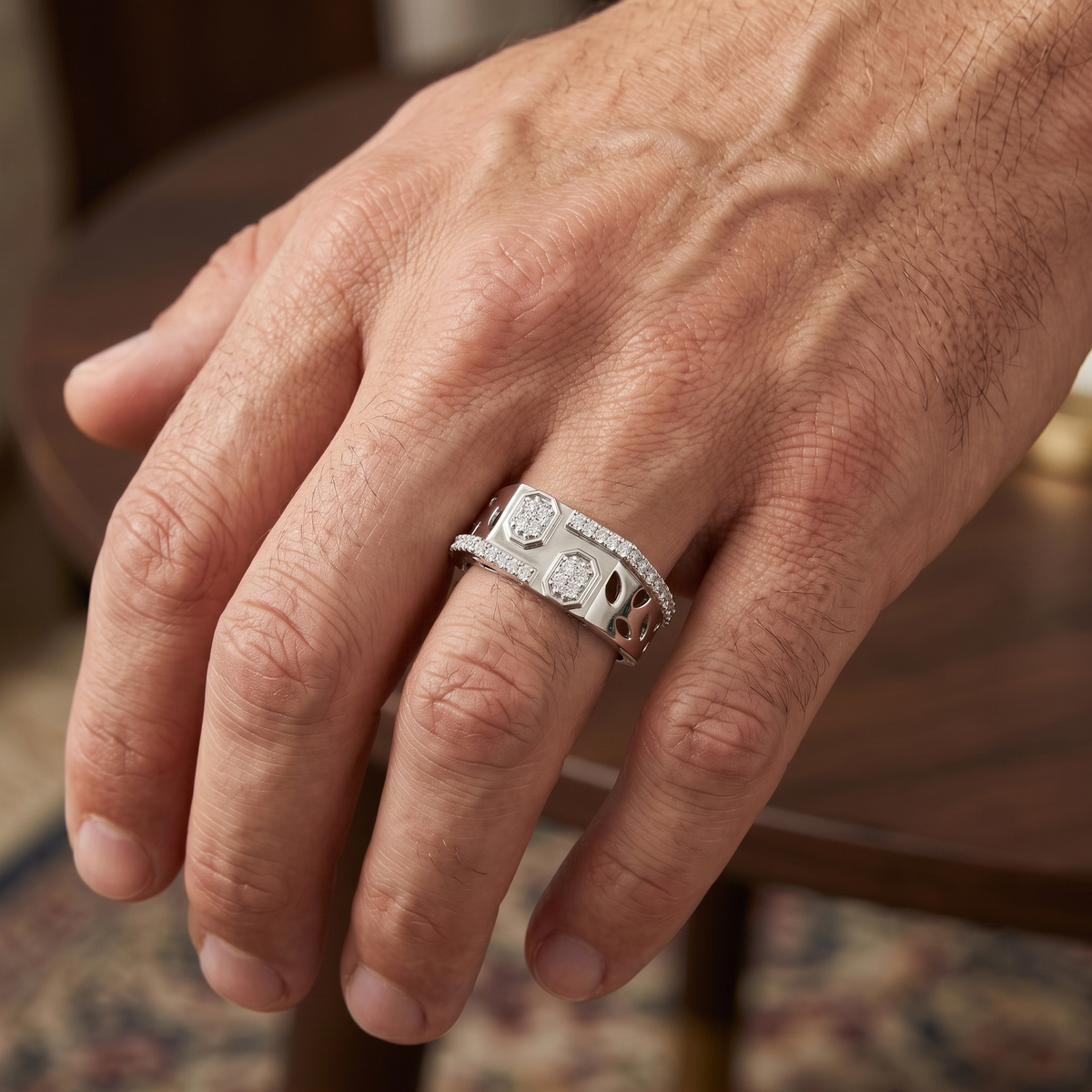 Geometric Openwork Sterling Silver Cluster Diamond Statement Band with Asymmetrical Pavé Borders