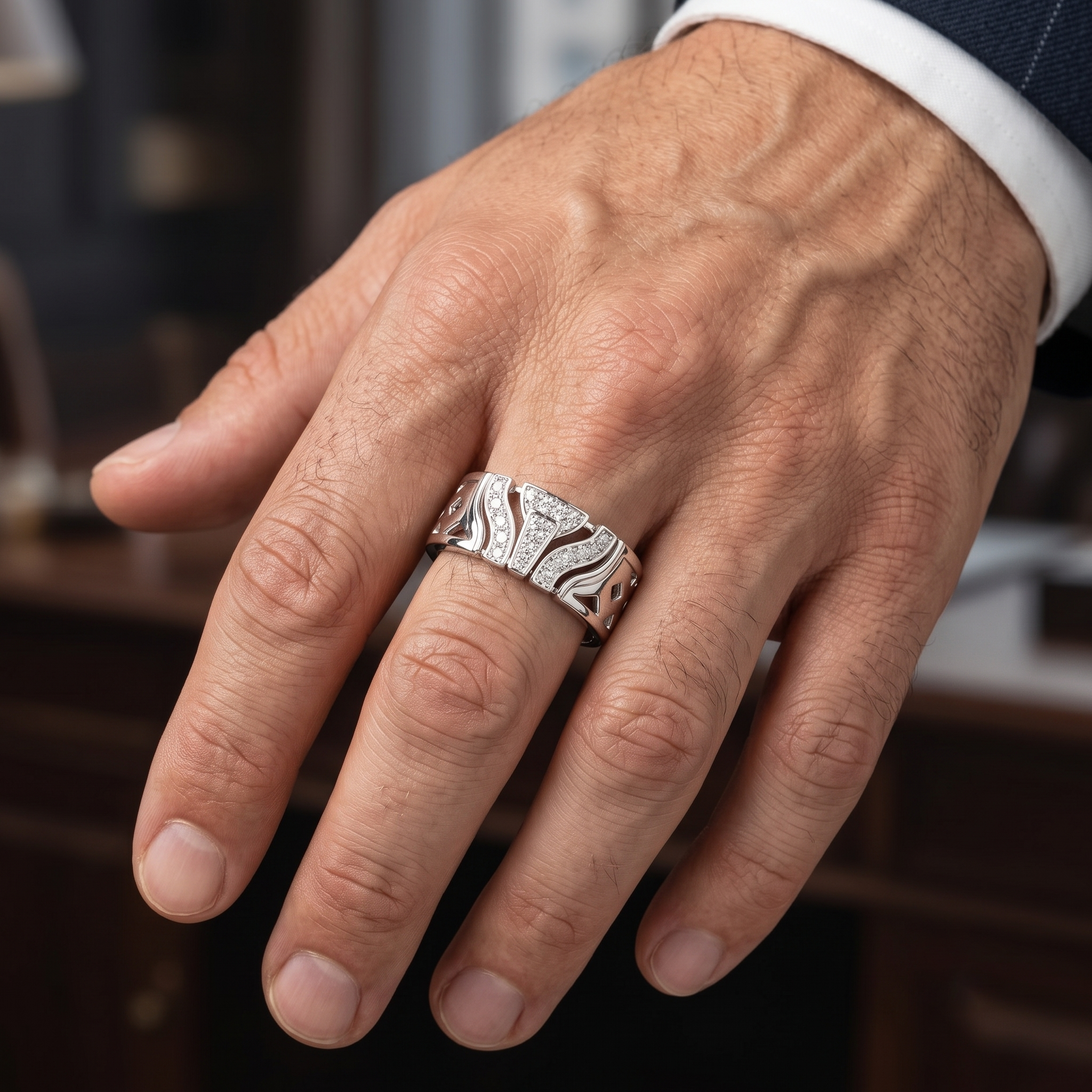 Art Deco Geometric Pavé-set Round Moissanites Men's Statement Ring