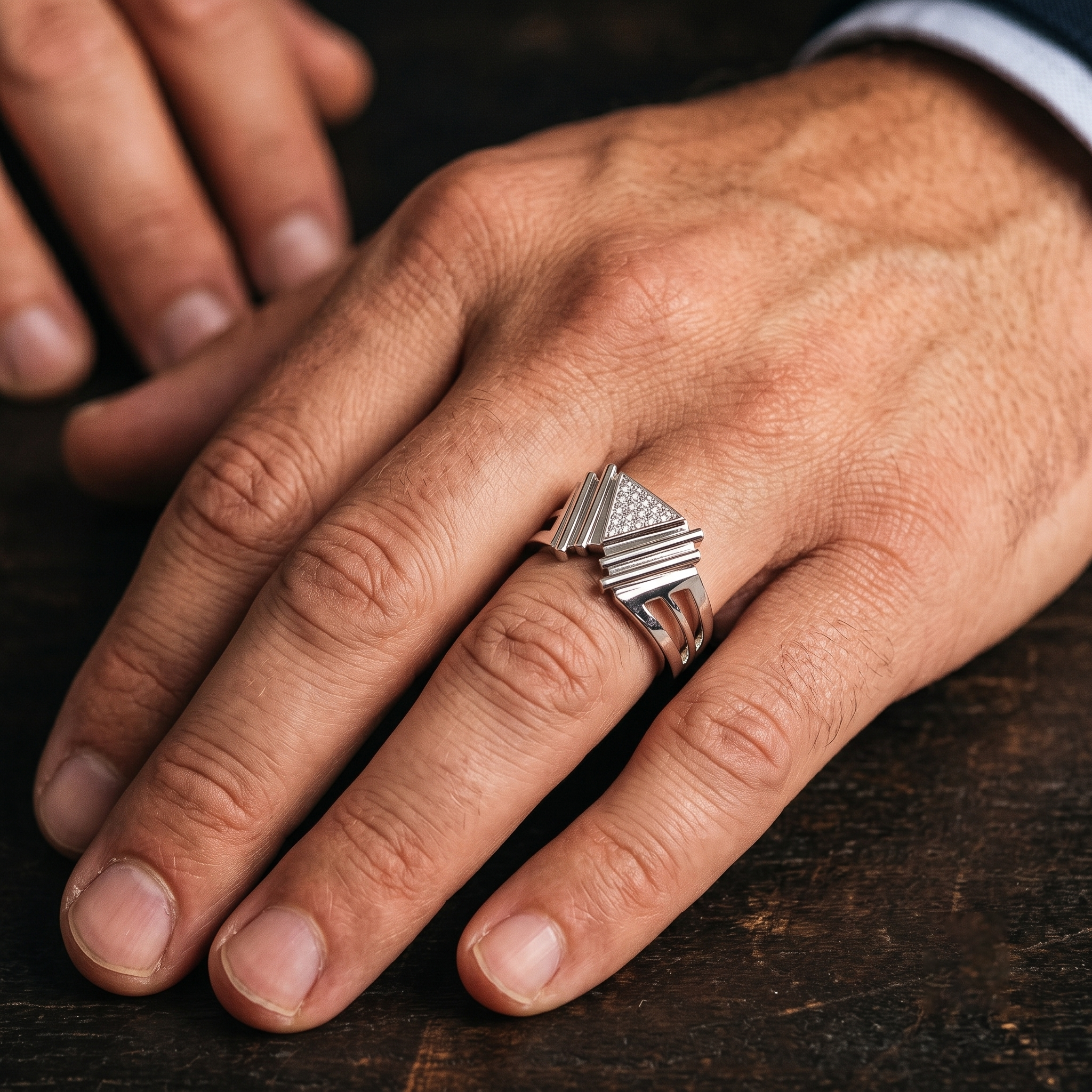 Geometric Statement Chevron Ring with Pavé Moissanite in Sterling Silver
