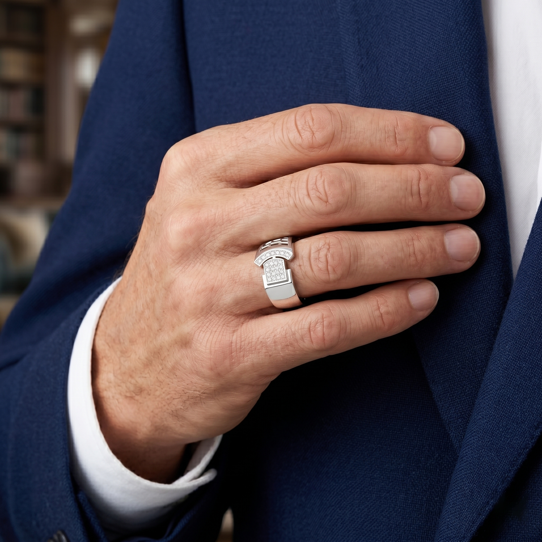 Round Moissanite Diamond Men's Statement Ring with Architectural Grid Design
