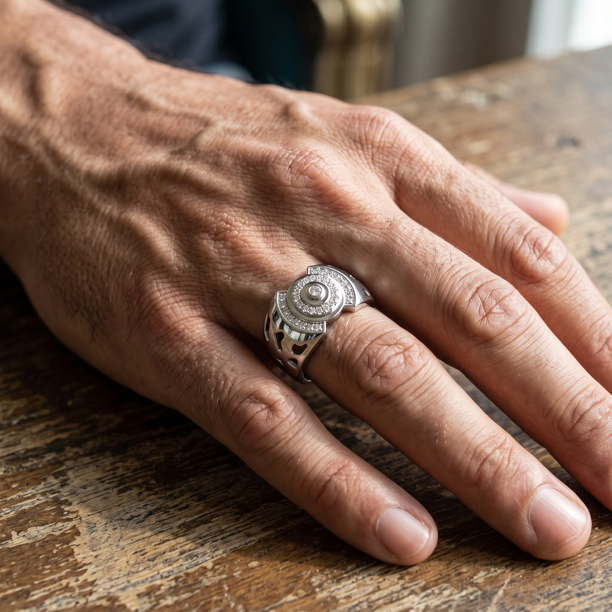 Men's Sterling Silver Bold Geometric Halo Moissanite Signet Ring