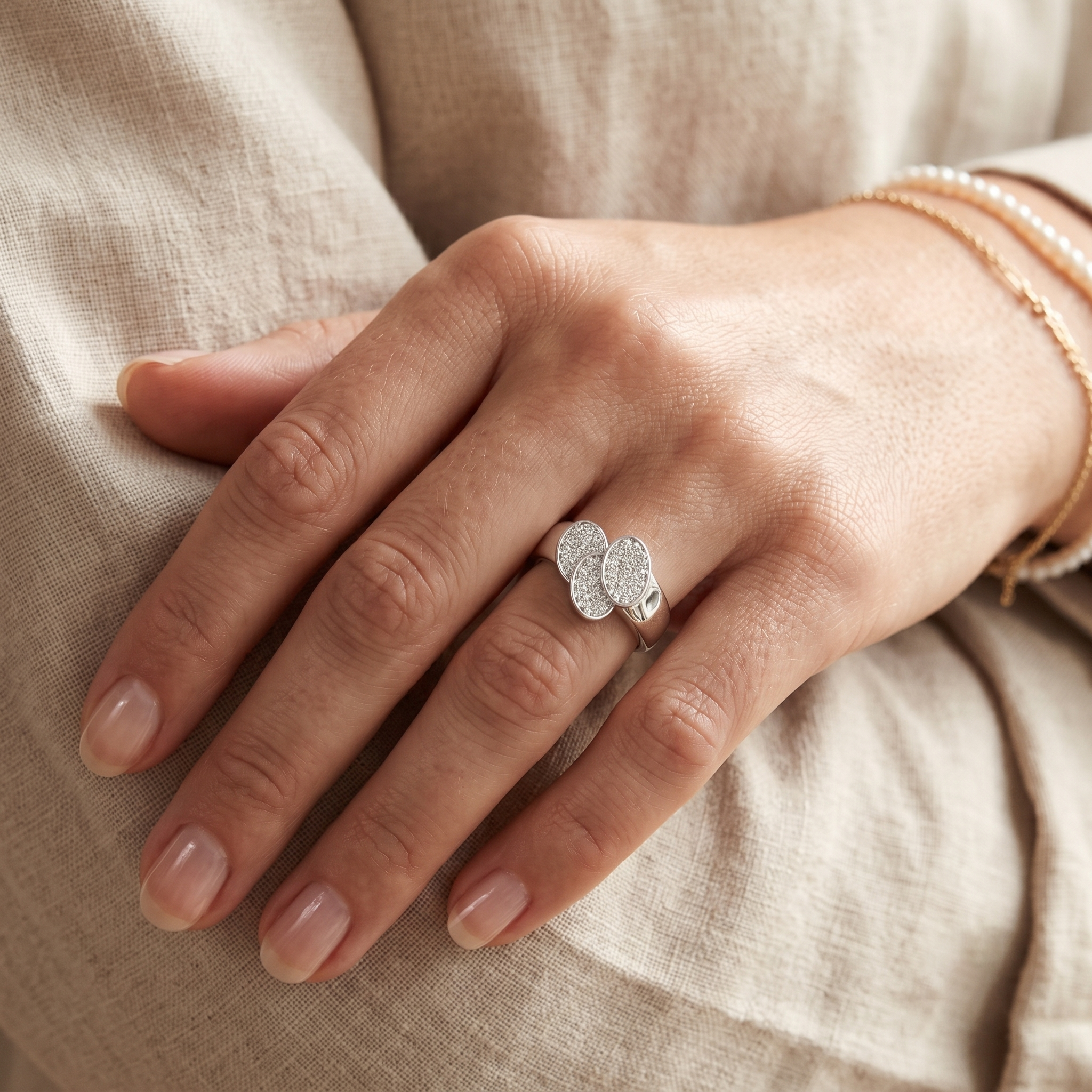 The Overlapping Trio Oval Cluster Moissanite Ring in Sterling Silver