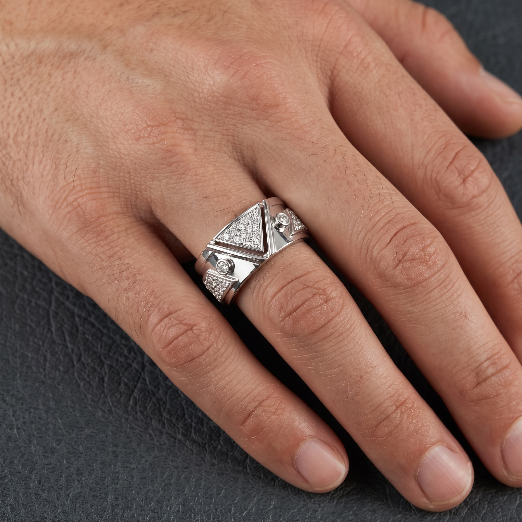 Sterling Silver Round Moissanite Triangle Geometric Statement Men's Anniversary Ring