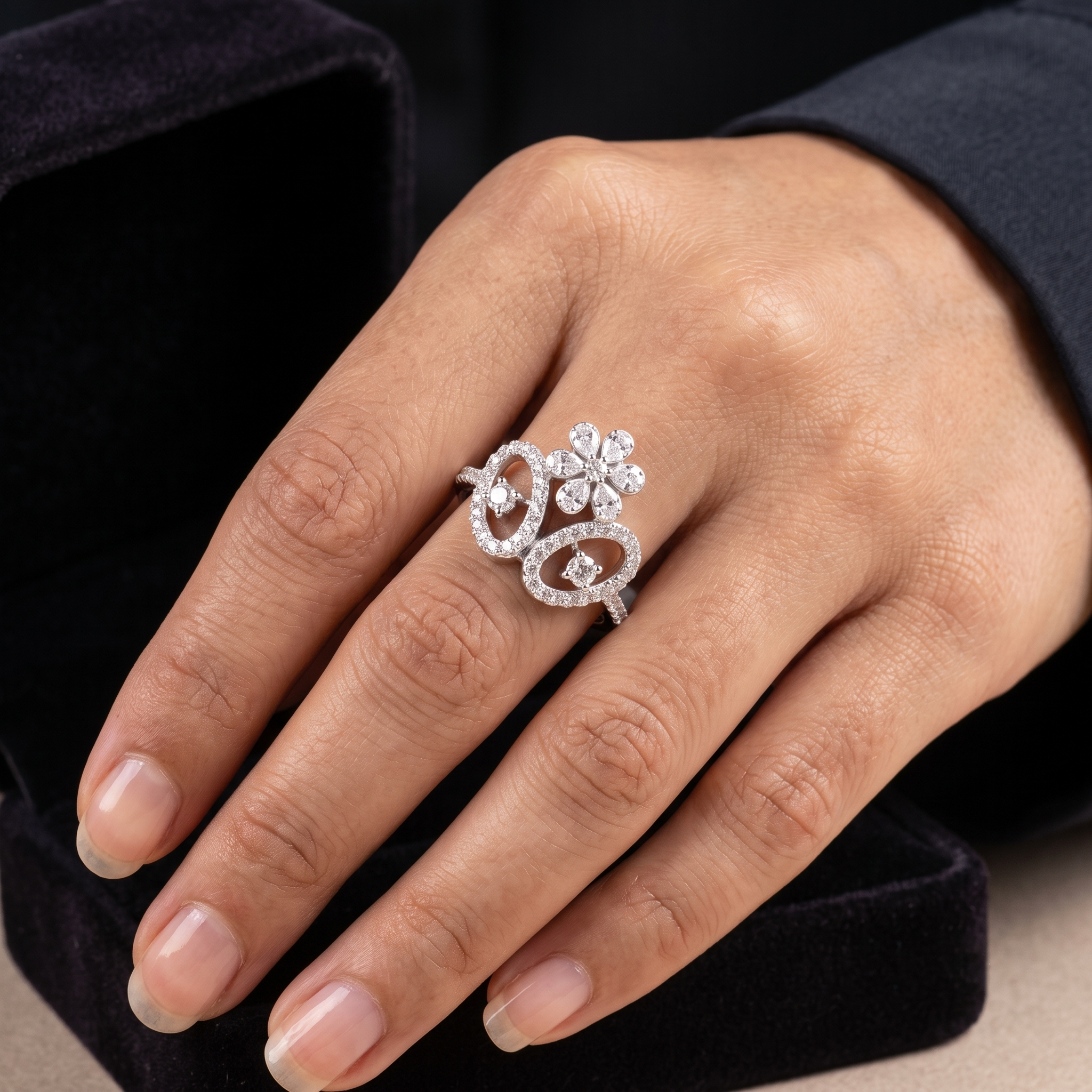 925 Sterling Silver Moissanite Flower Tiara Cocktail Ring for Women