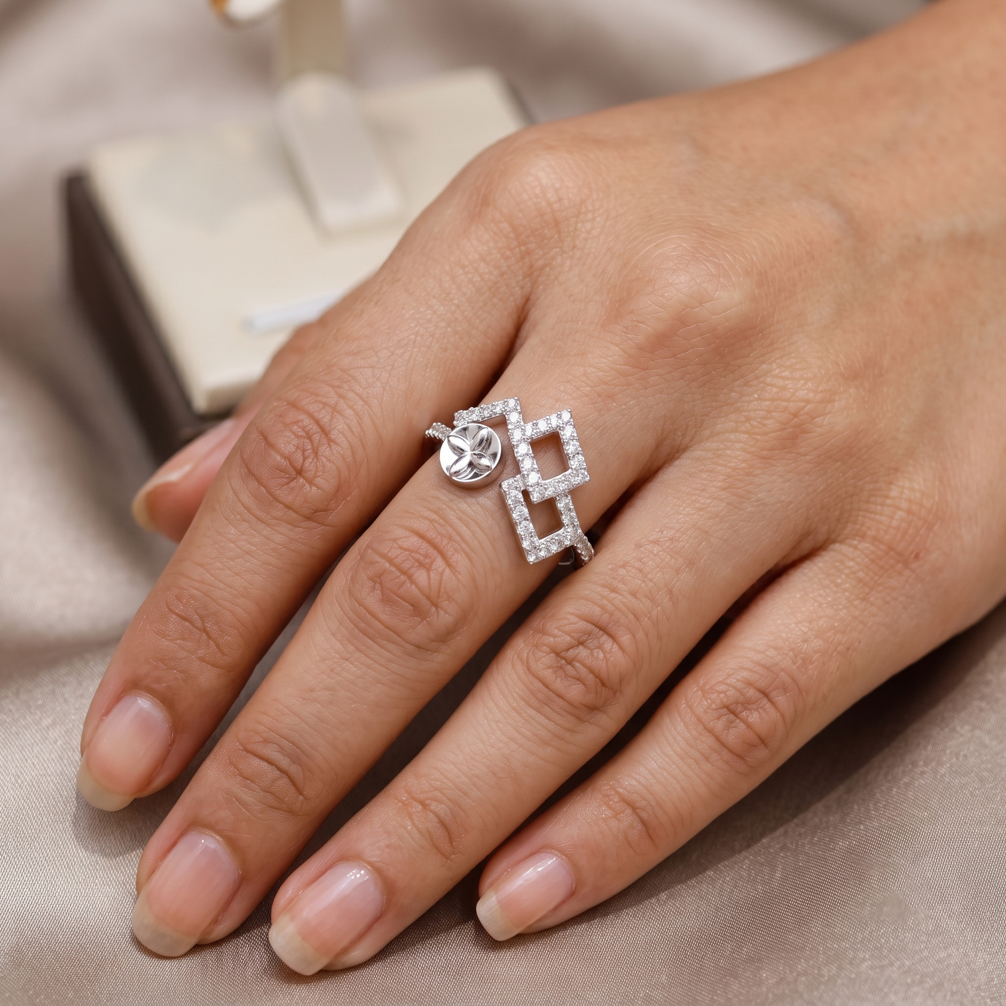 Open Bypass Contemporary Geometric Monogram Moissanite Diamond Ring in 925 Sterling Silver