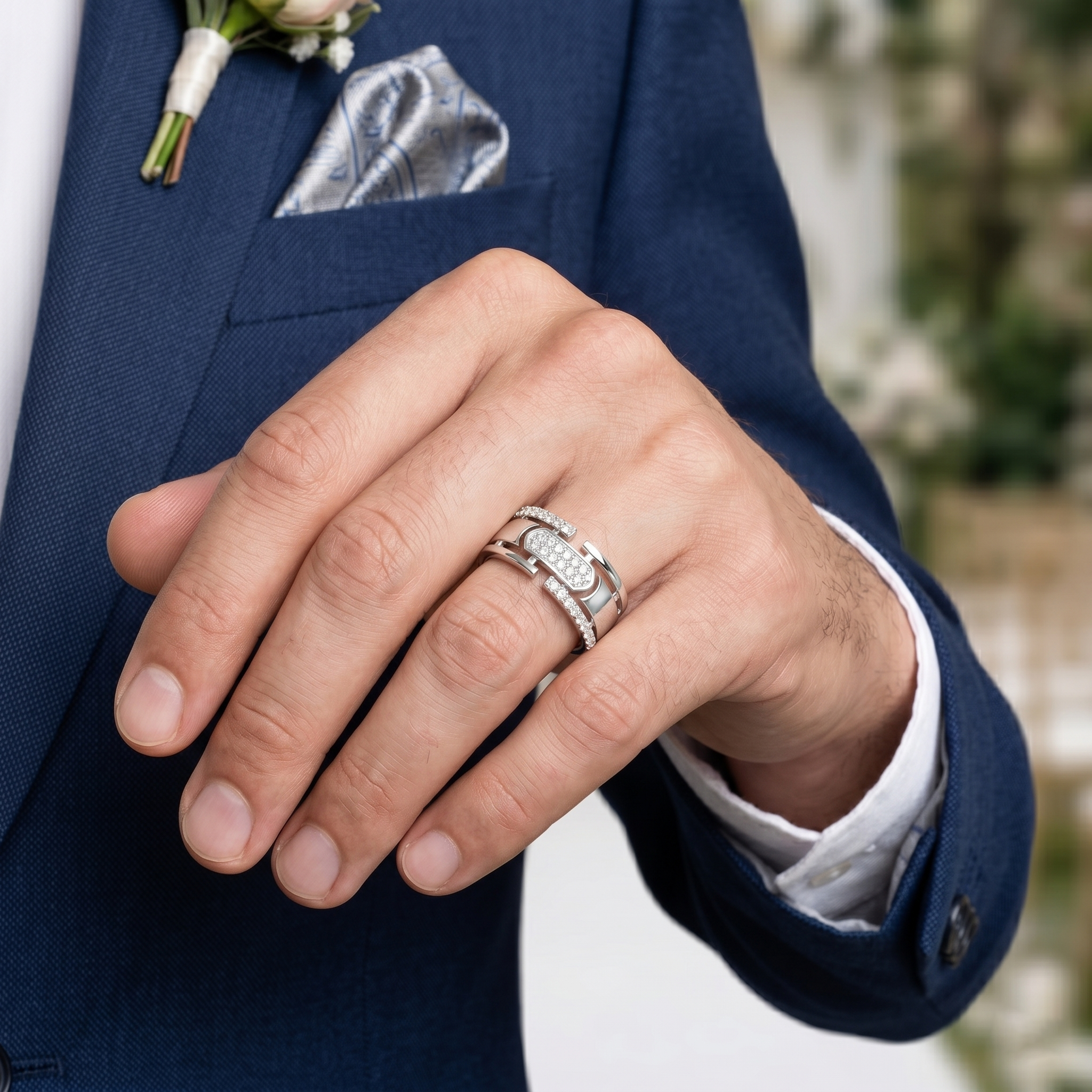 Men's Architectural Multi-Band Openwork Geometric Moissanite Ring with Symmetrical Accents