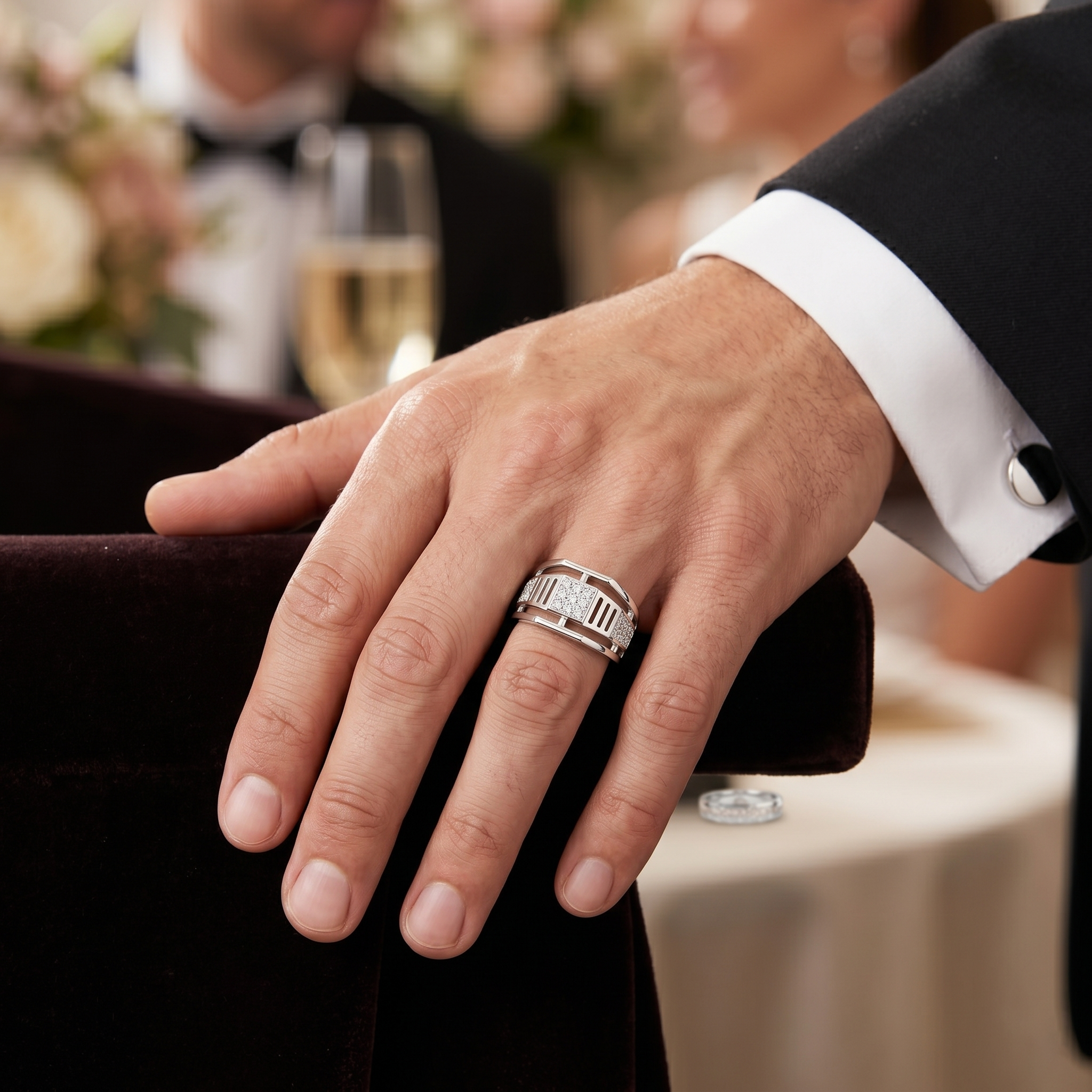 Sterling Silver Men's Ring with Geometric Round Moissanite and Wide Band