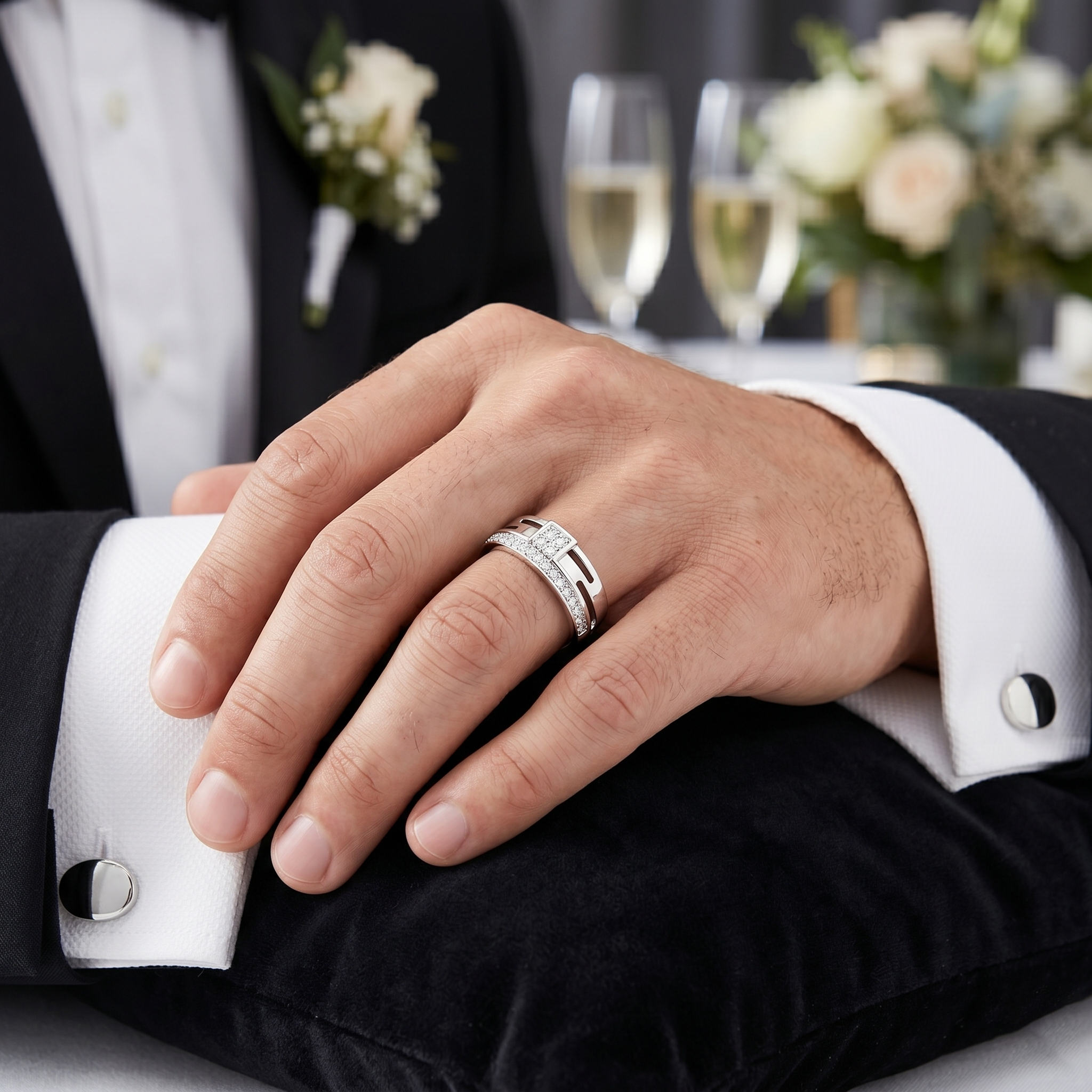 Men's Round Moissanite Bridge-Style Ring with Pavé Diamond Band and Geometric Design
