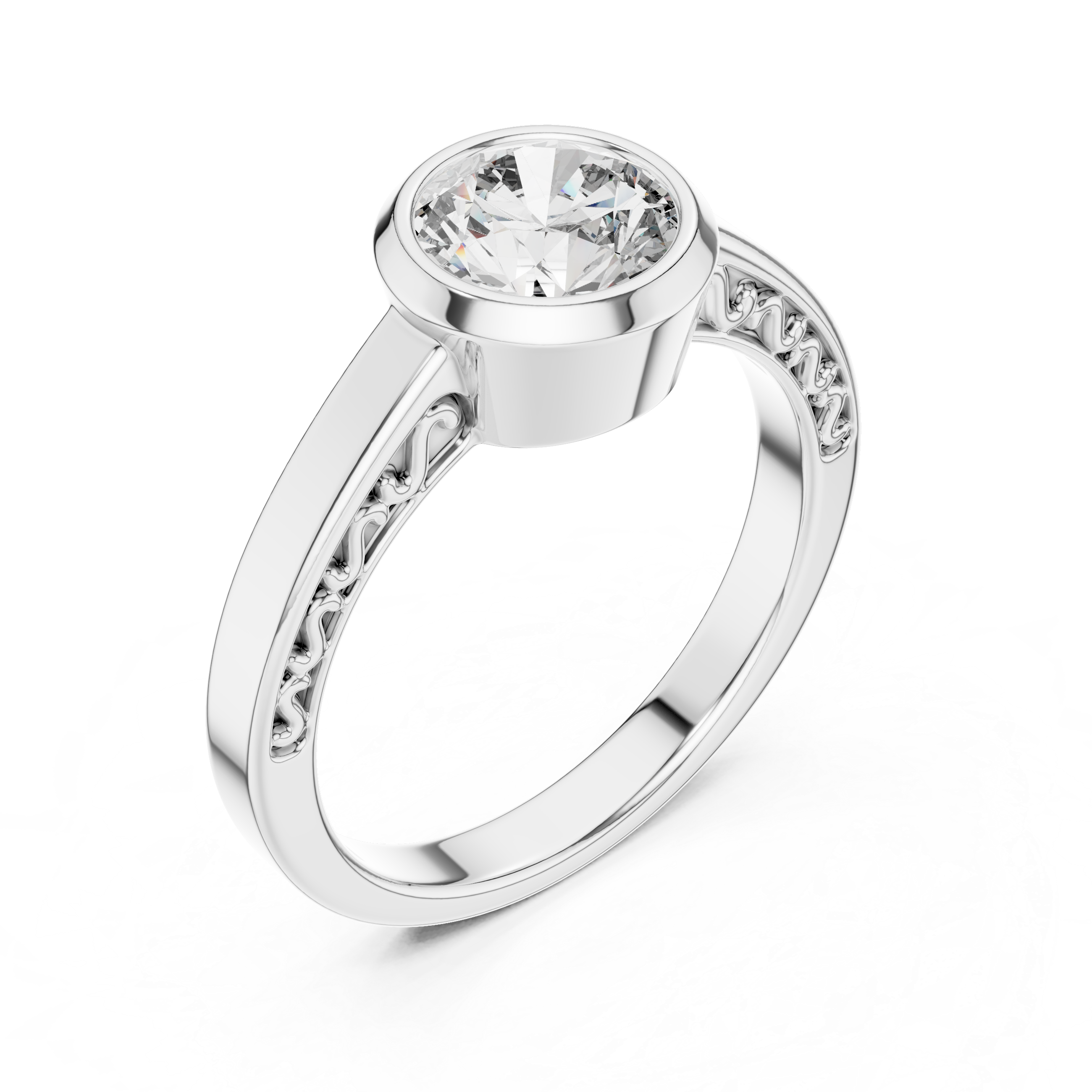 The Filigree Bezel Central Round Cut Solitaire Moissanite Silver Diamond Ring