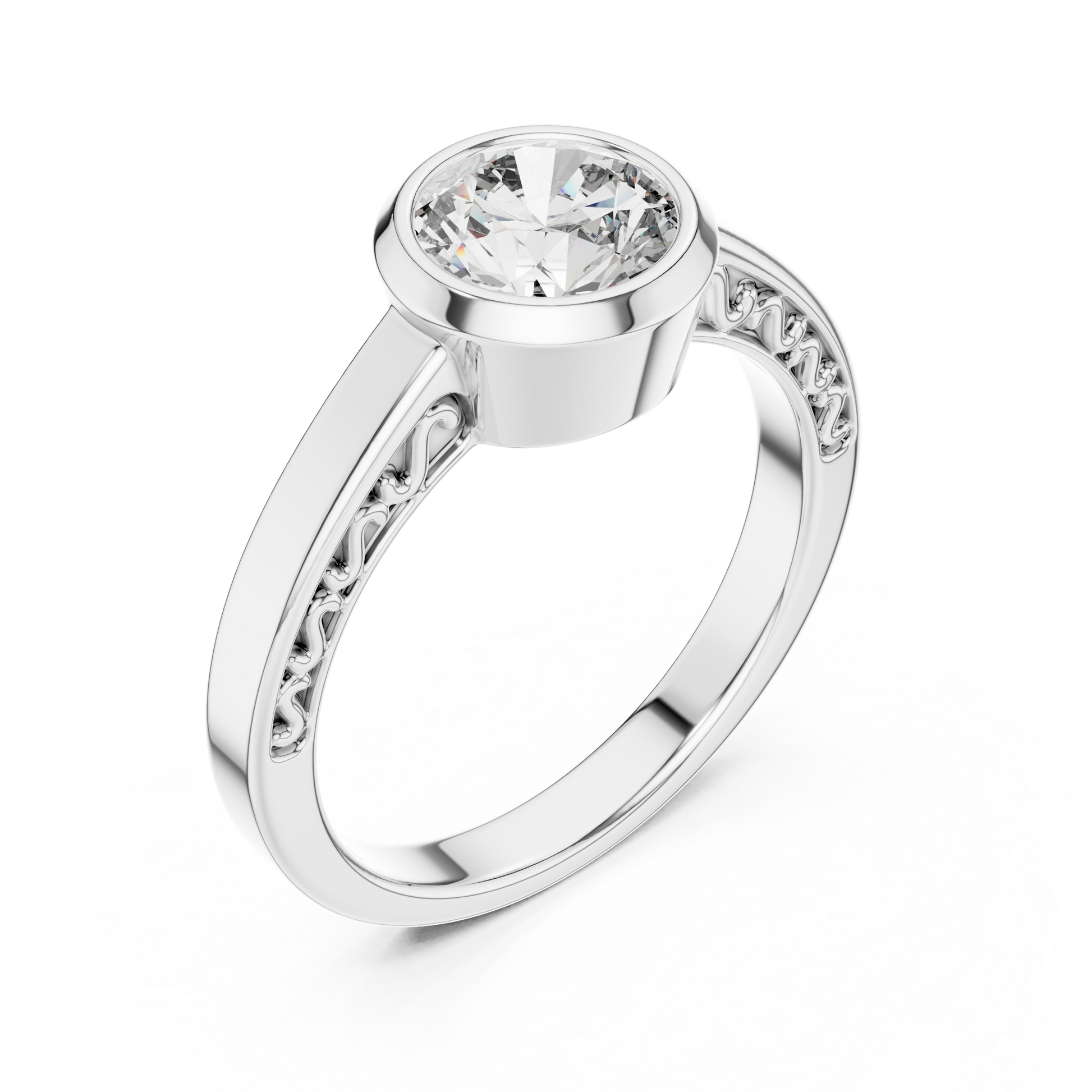 The Filigree Bezel Central Round Cut Solitaire Moissanite Silver Diamond Ring