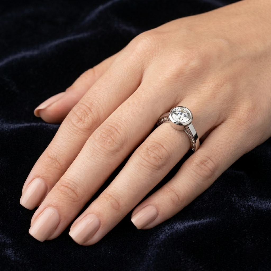 The Filigree Bezel Central Round Cut Solitaire Moissanite Silver Diamond Ring