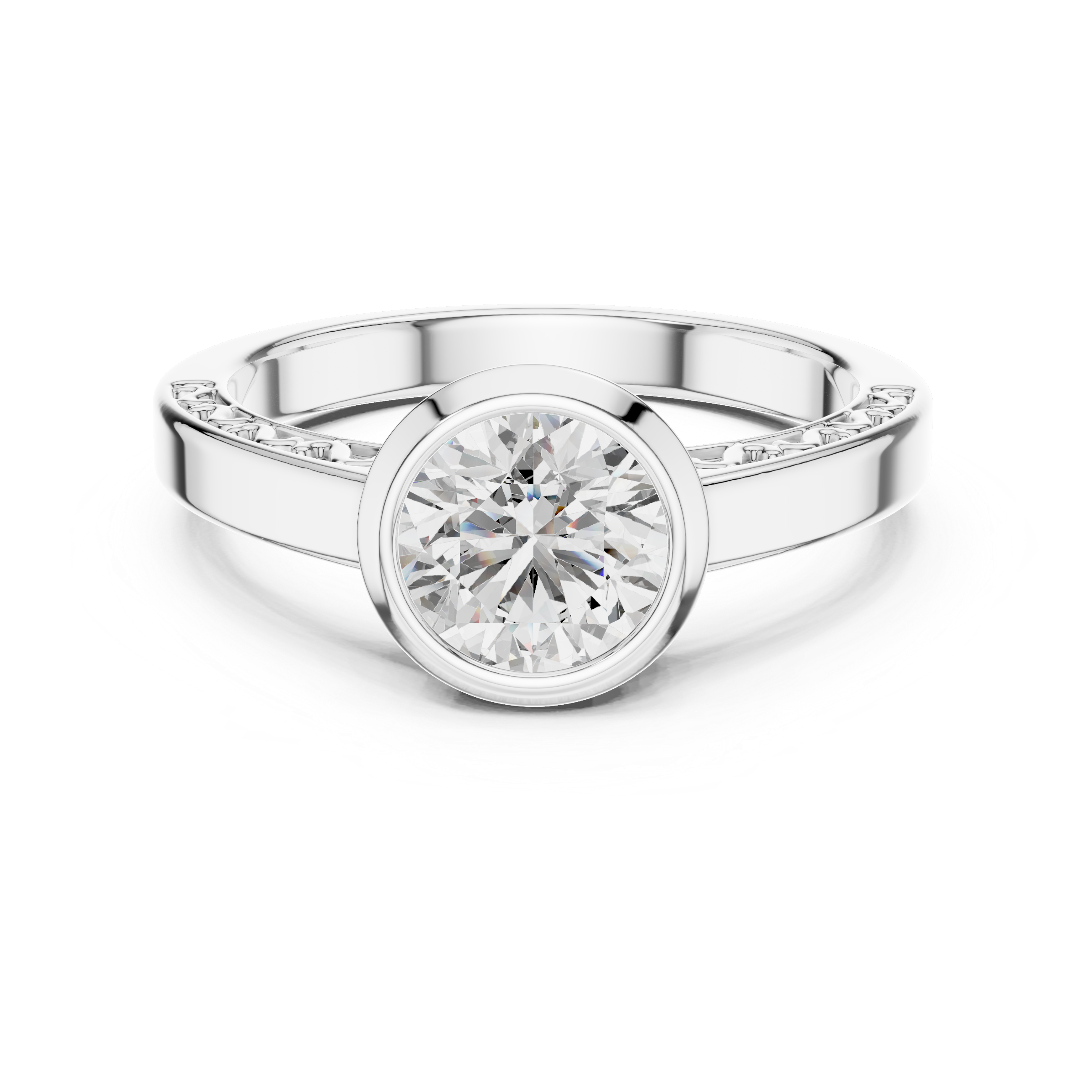 The Filigree Bezel Central Round Cut Solitaire Moissanite Silver Diamond Ring