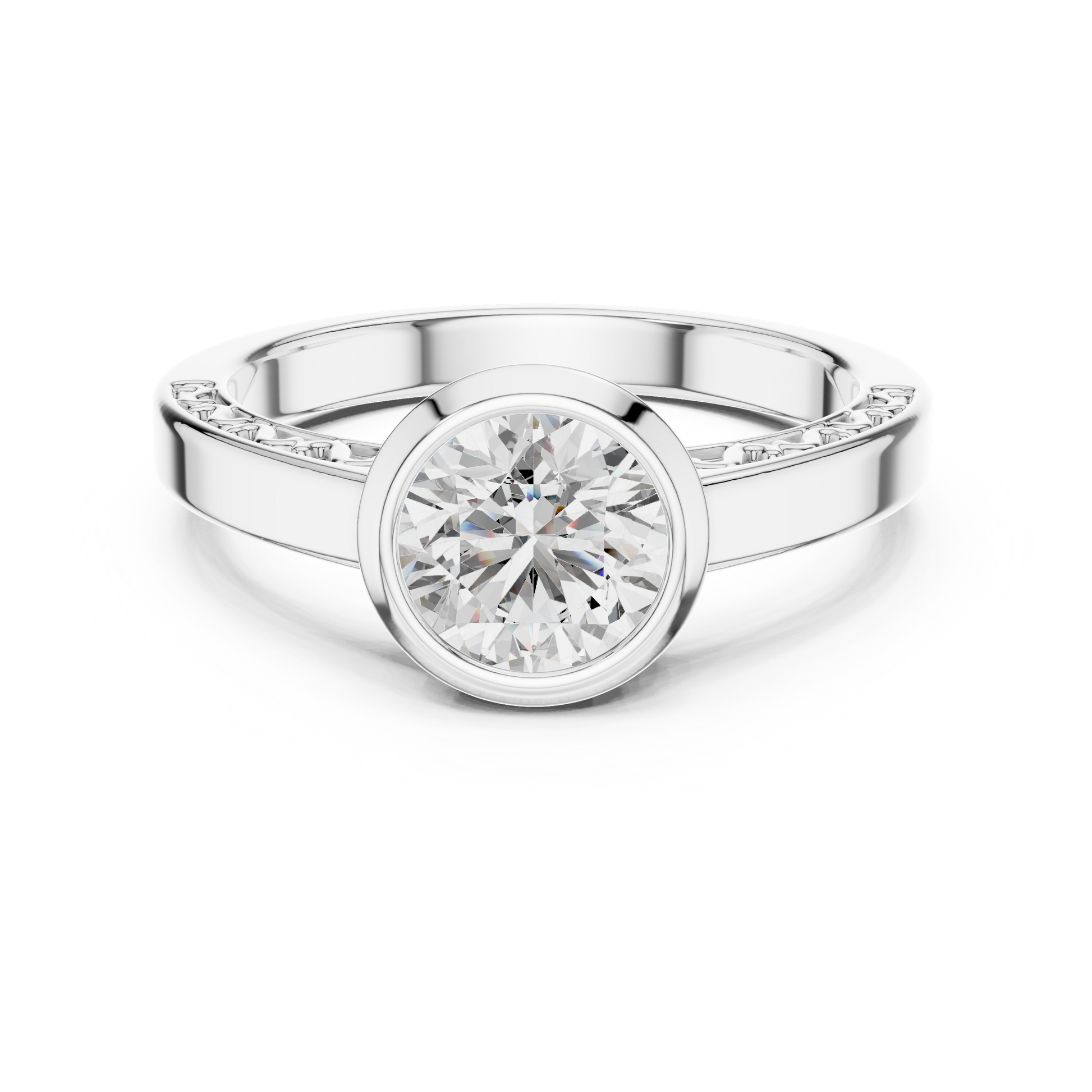 The Filigree Bezel Central Round Cut Solitaire Moissanite Silver Diamond Ring