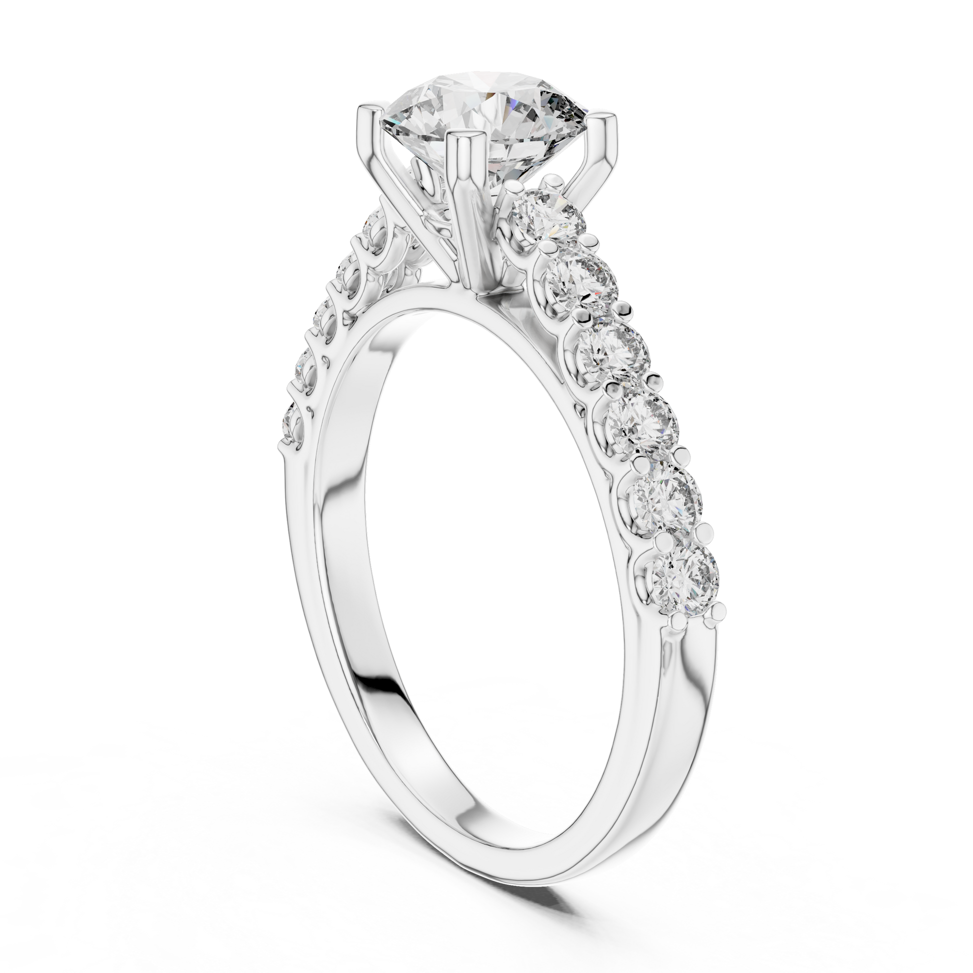 Central Round Cut Solitaire Diamond Split Shank Moissanite Sterling Silver Diamond Ring