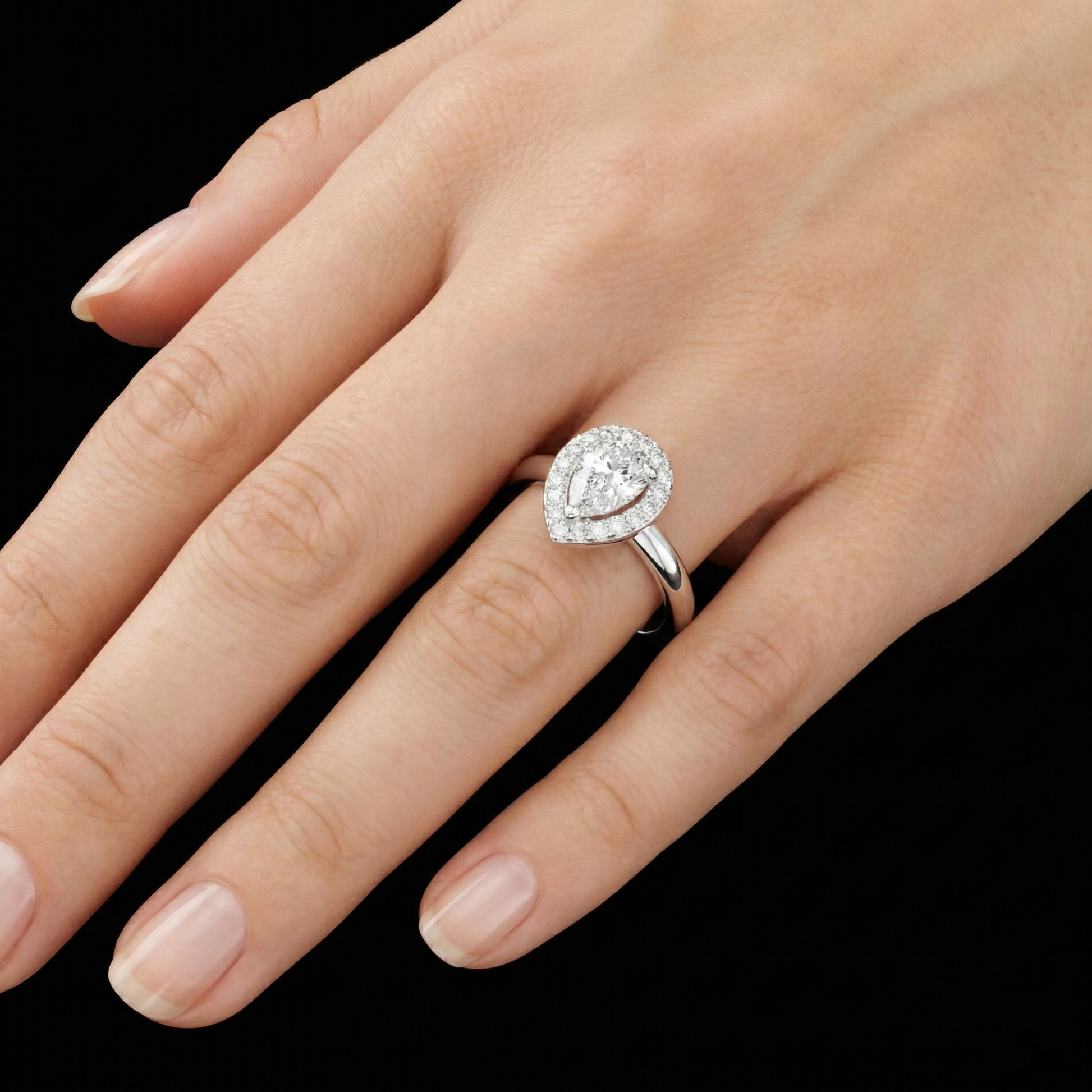 Pear Cut Moissanite Solitaire Halo Diamond Shank 925 Sterling Silver Ring