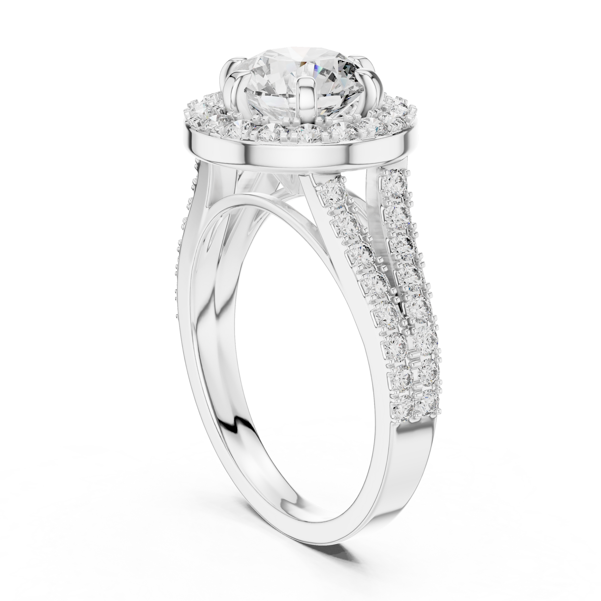 Brilliant Halo Engagement Ring With Central Round Cut Diamond Surrounded By Smaller Pavé Diamonds
