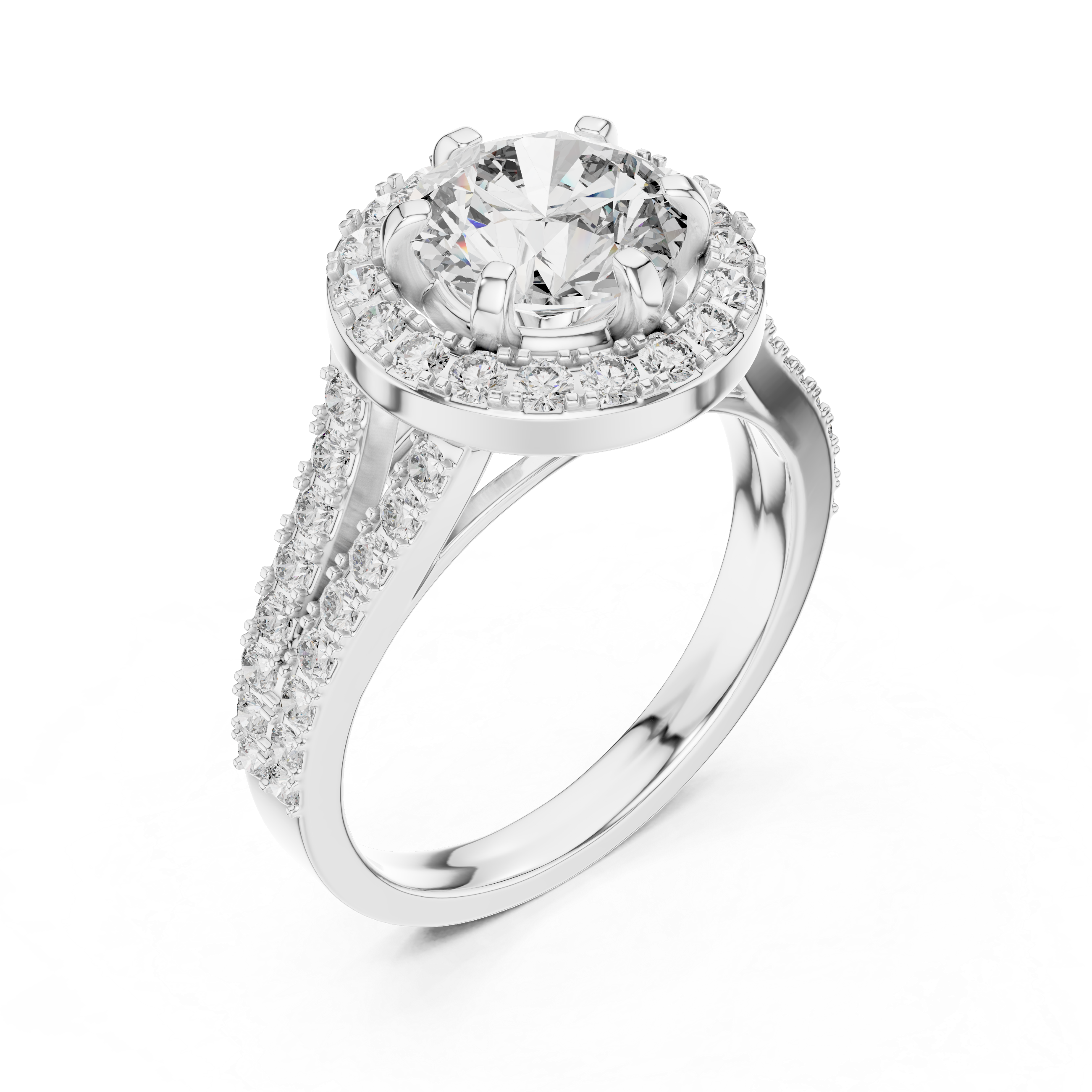 Brilliant Halo Engagement Ring With Central Round Cut Diamond Surrounded By Smaller Pavé Diamonds