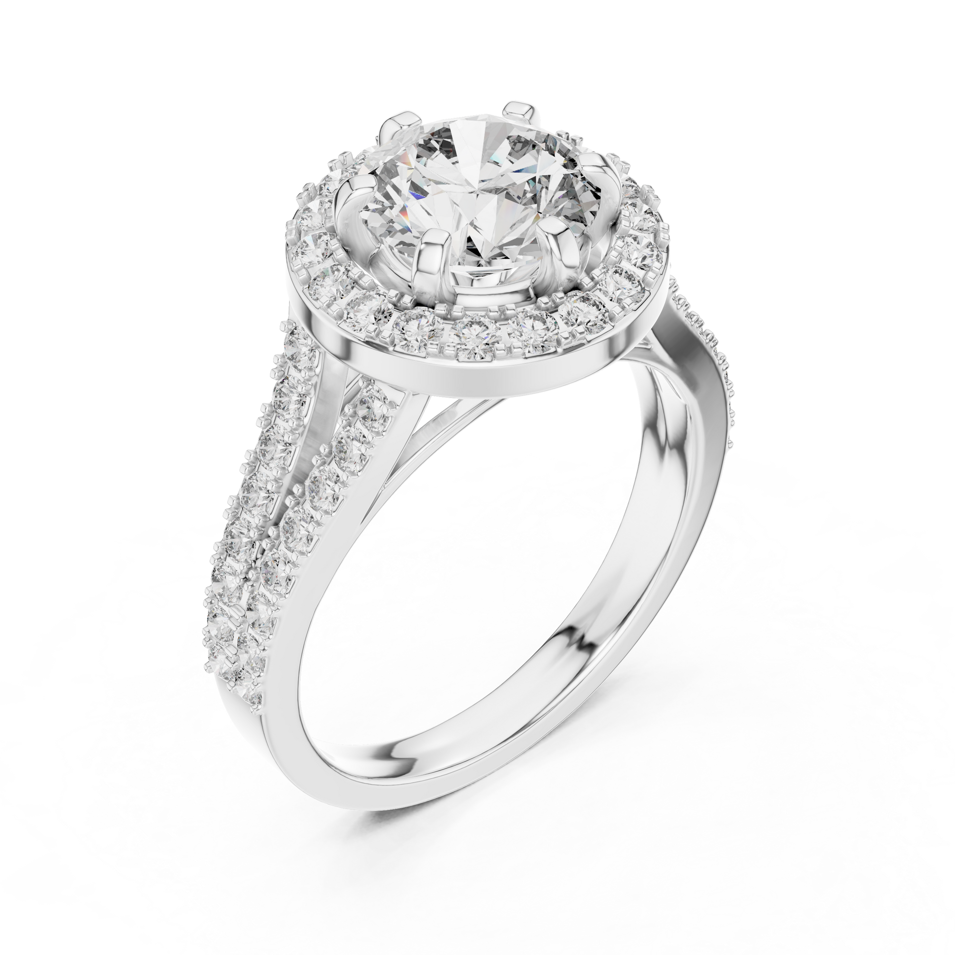 Brilliant Halo Engagement Ring With Central Round Cut Diamond Surrounded By Smaller Pavé Diamonds