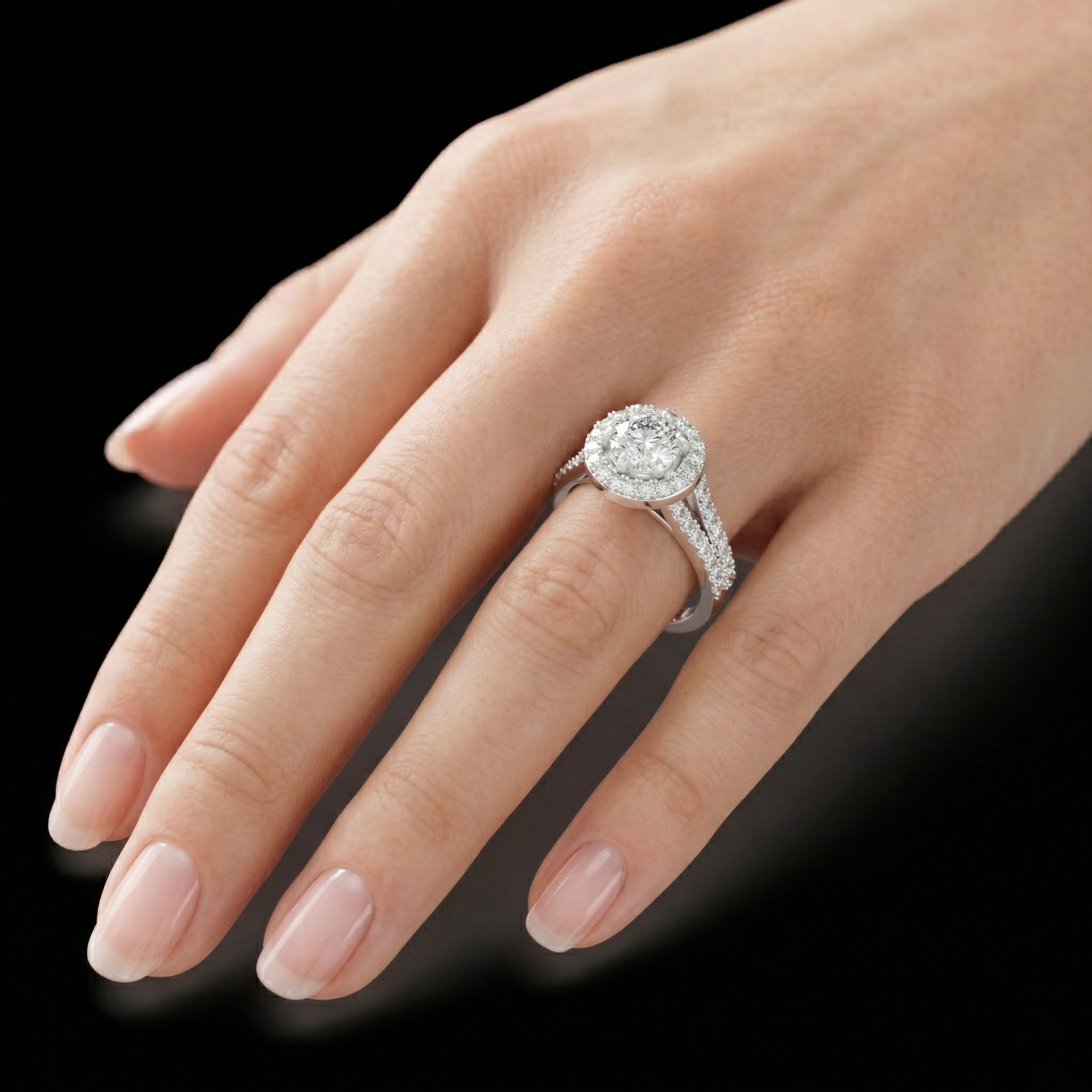 Brilliant Halo Engagement Ring With Central Round Cut Diamond Surrounded By Smaller Pavé Diamonds