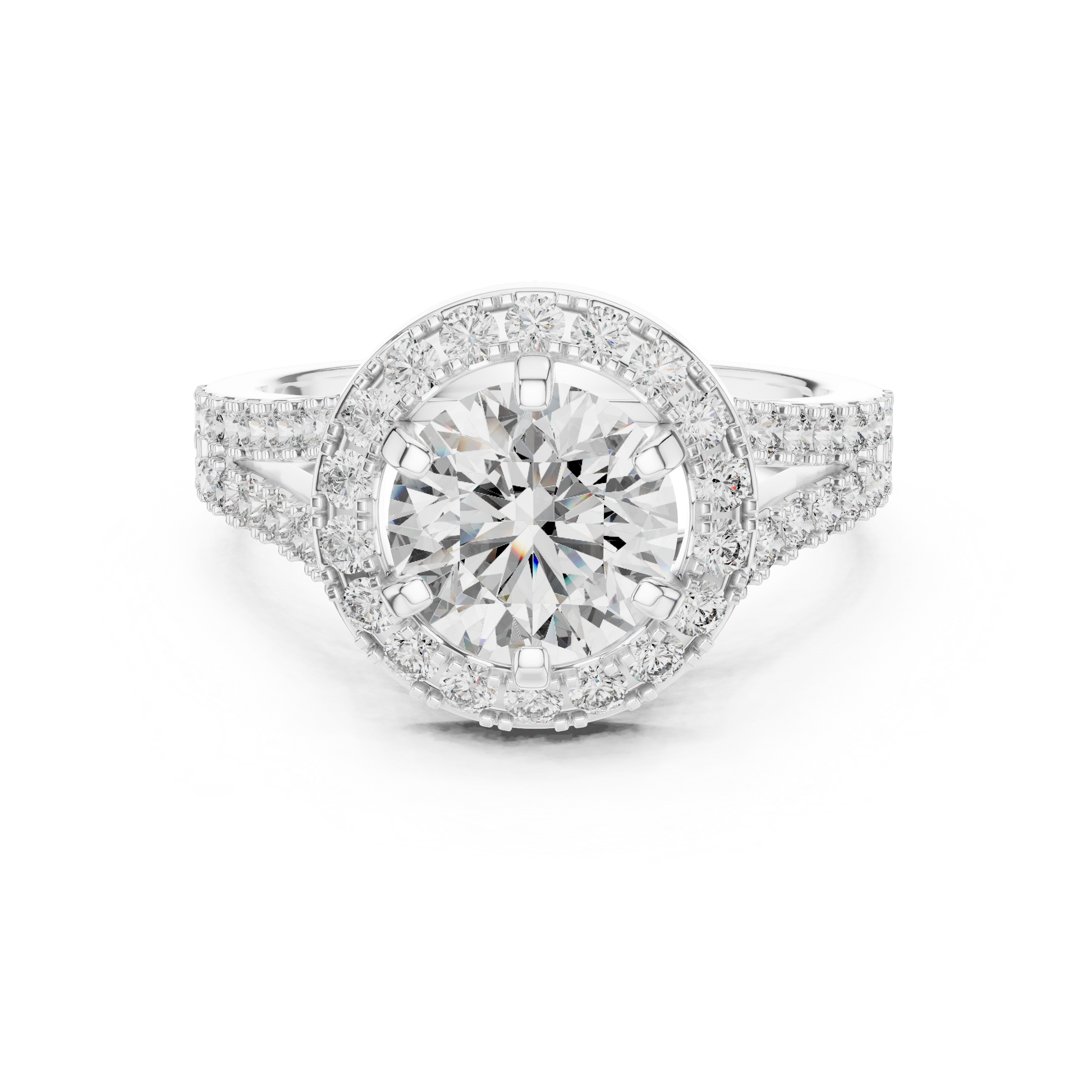Brilliant Halo Engagement Ring With Central Round Cut Diamond Surrounded By Smaller Pavé Diamonds
