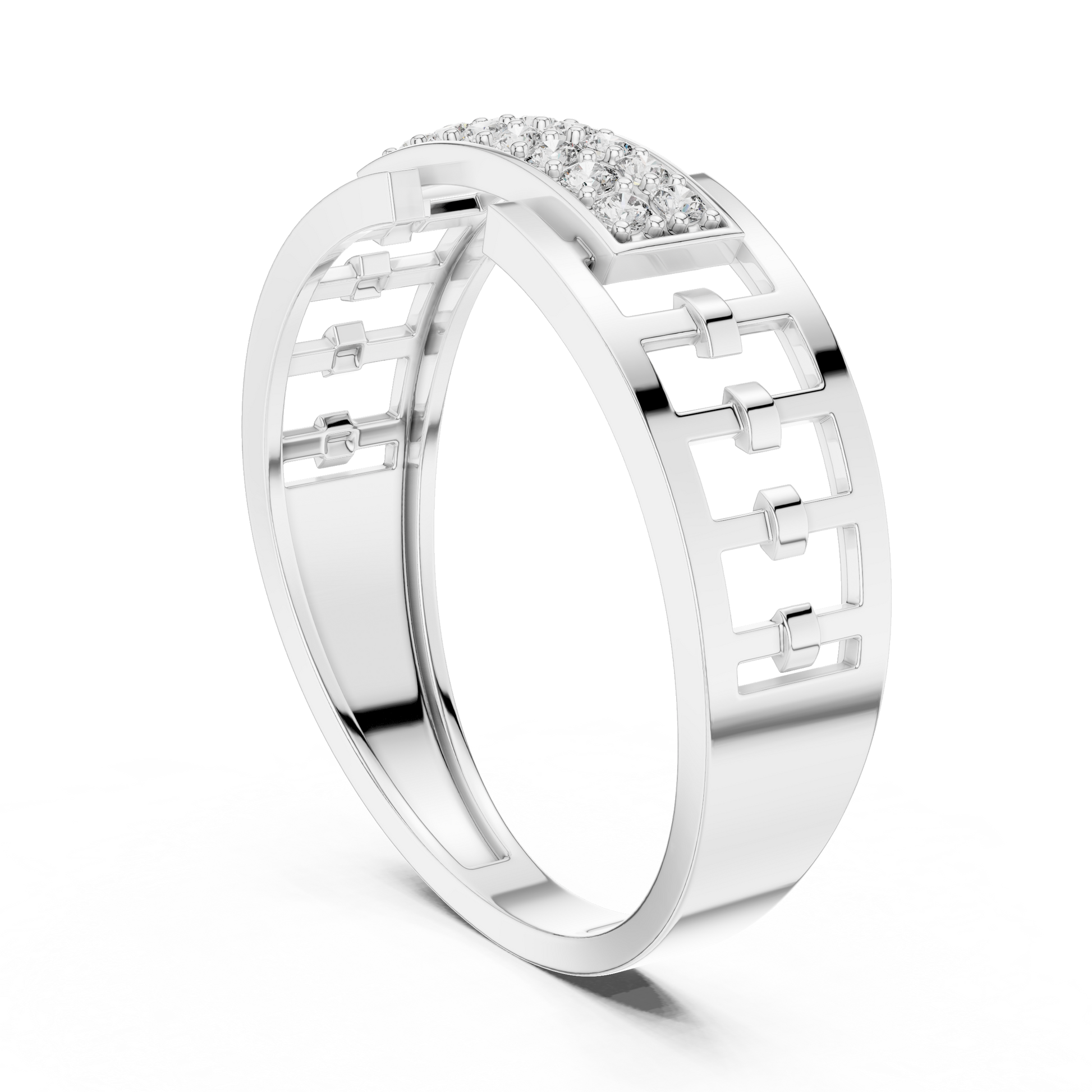 Round Cut Moissanite Sterling Silver Men's Structured Interlocking Geometric Plaque Ring