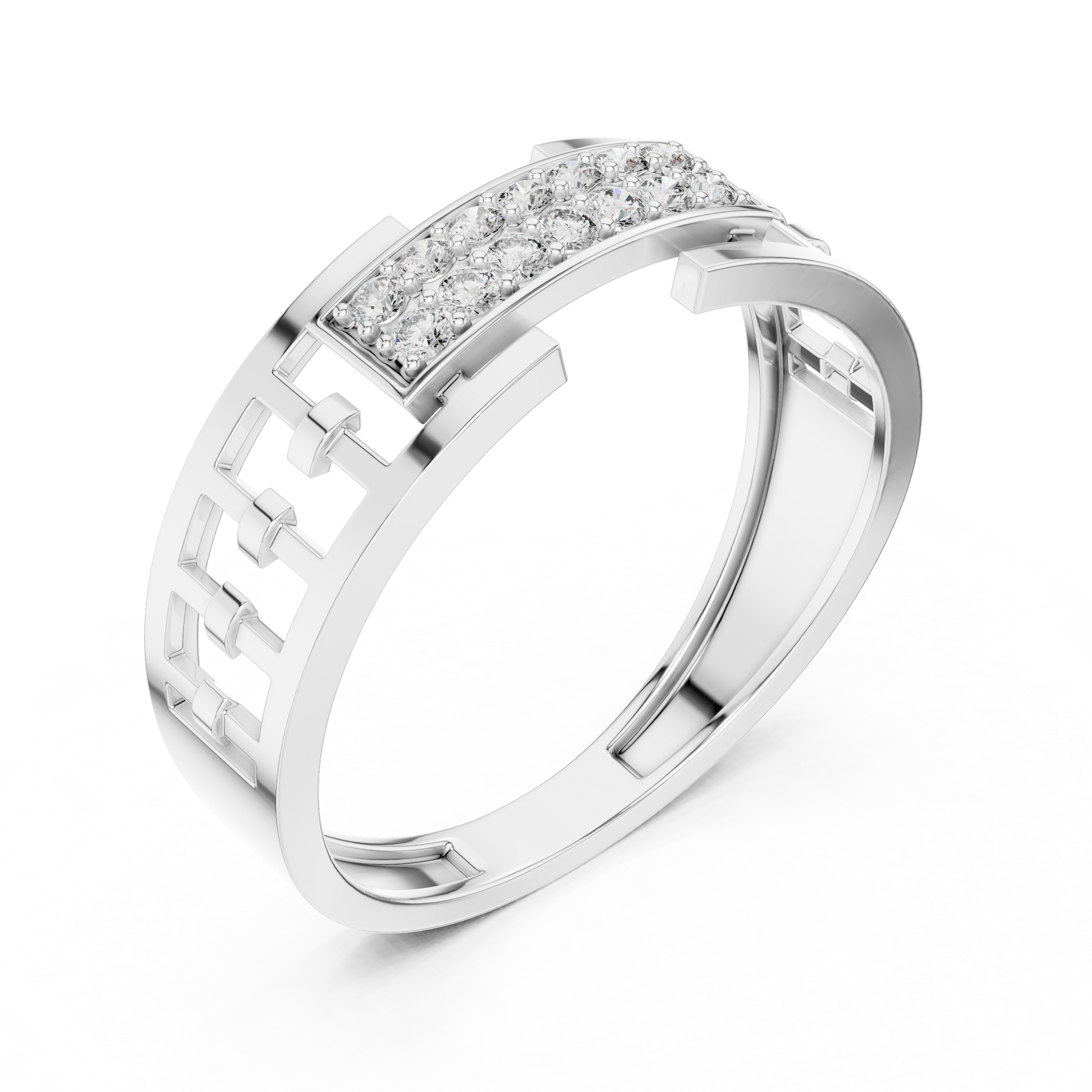 Round Cut Moissanite Sterling Silver Men's Structured Interlocking Geometric Plaque Ring