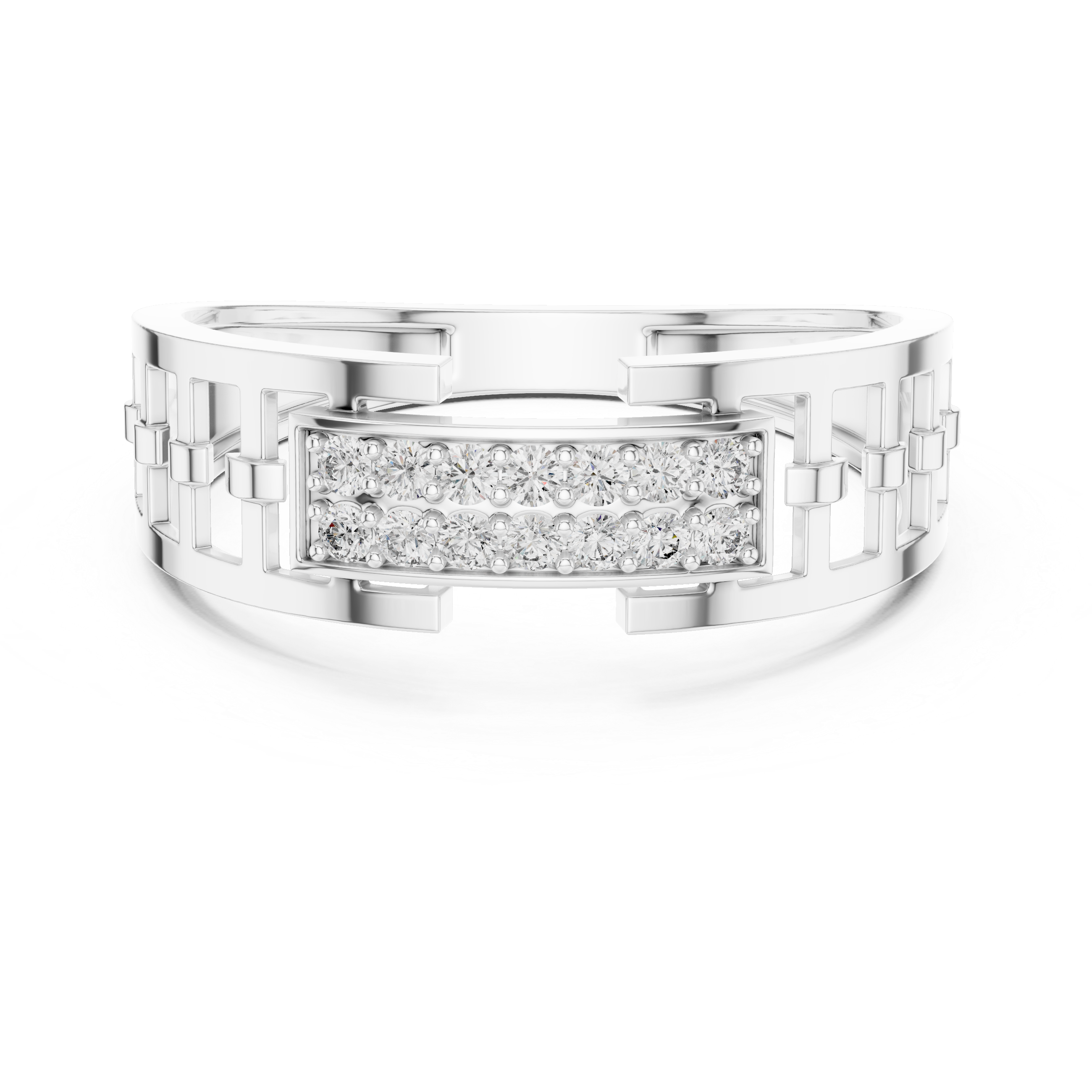 Round Cut Moissanite Sterling Silver Men's Structured Interlocking Geometric Plaque Ring