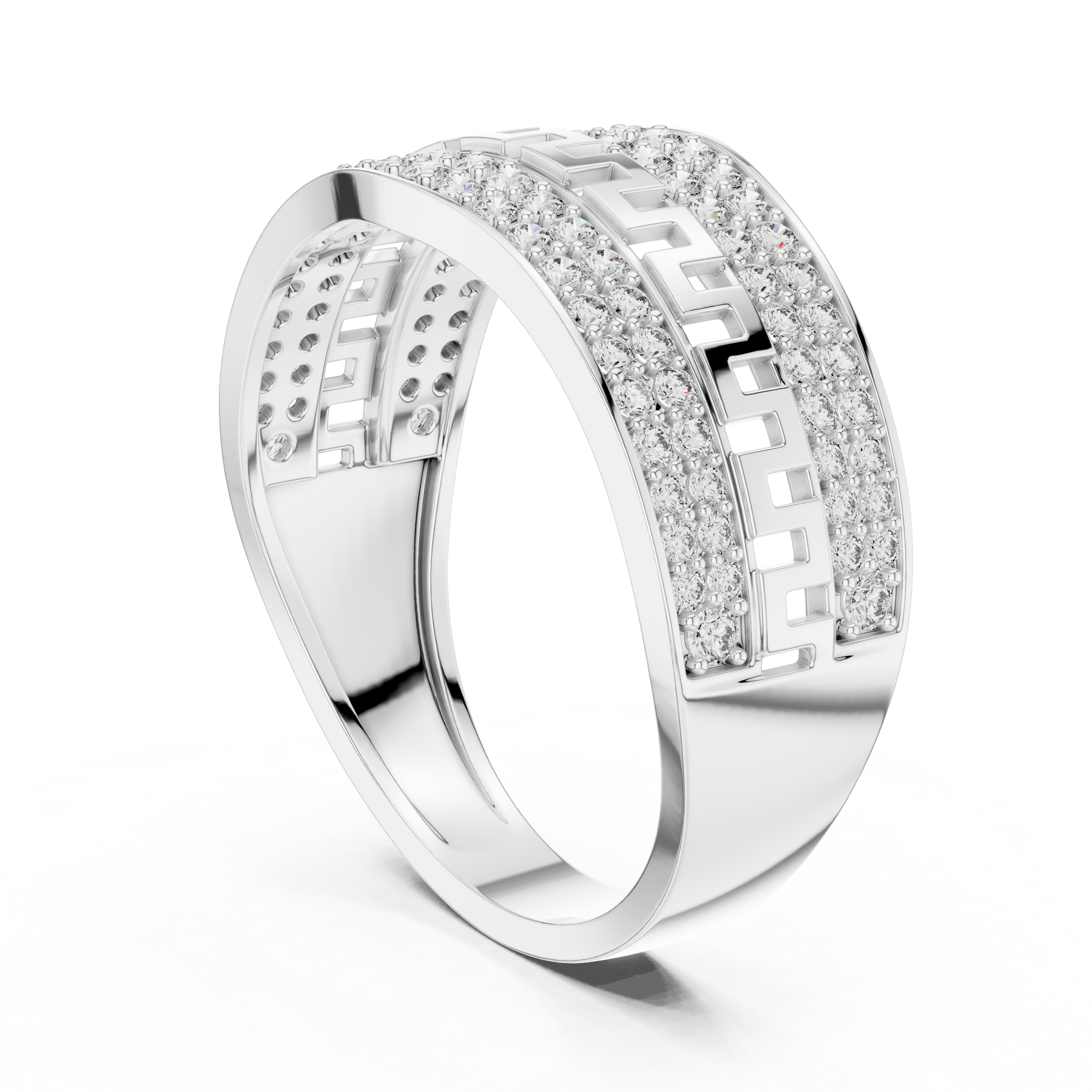 Sterling Silver Men's Multi-Row Greek Key Ring – Wide Pavé Statement Band