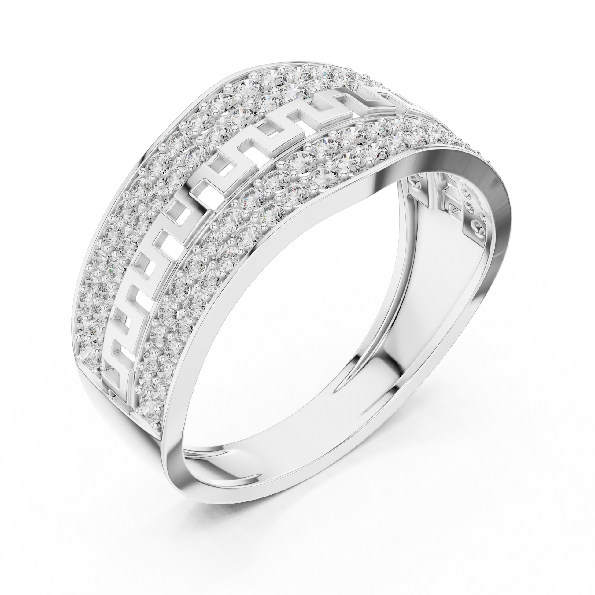 Sterling Silver Men's Multi-Row Greek Key Ring – Wide Pavé Statement Band
