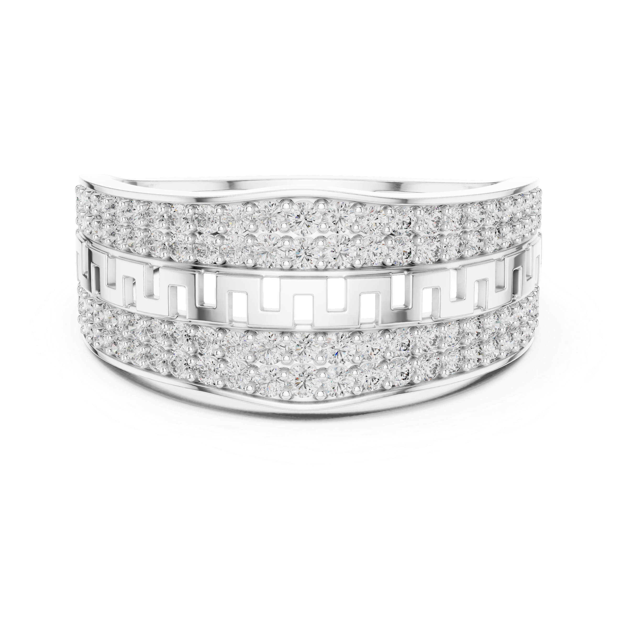Sterling Silver Men's Multi-Row Greek Key Ring – Wide Pavé Statement Band