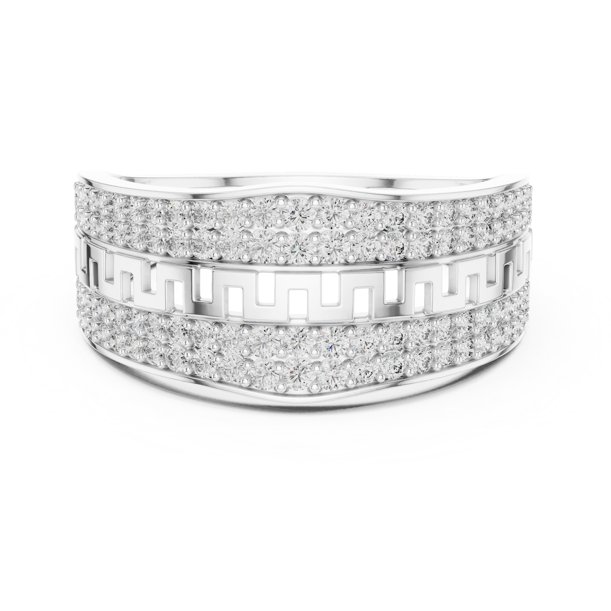 Sterling Silver Men's Multi-Row Greek Key Ring – Wide Pavé Statement Band