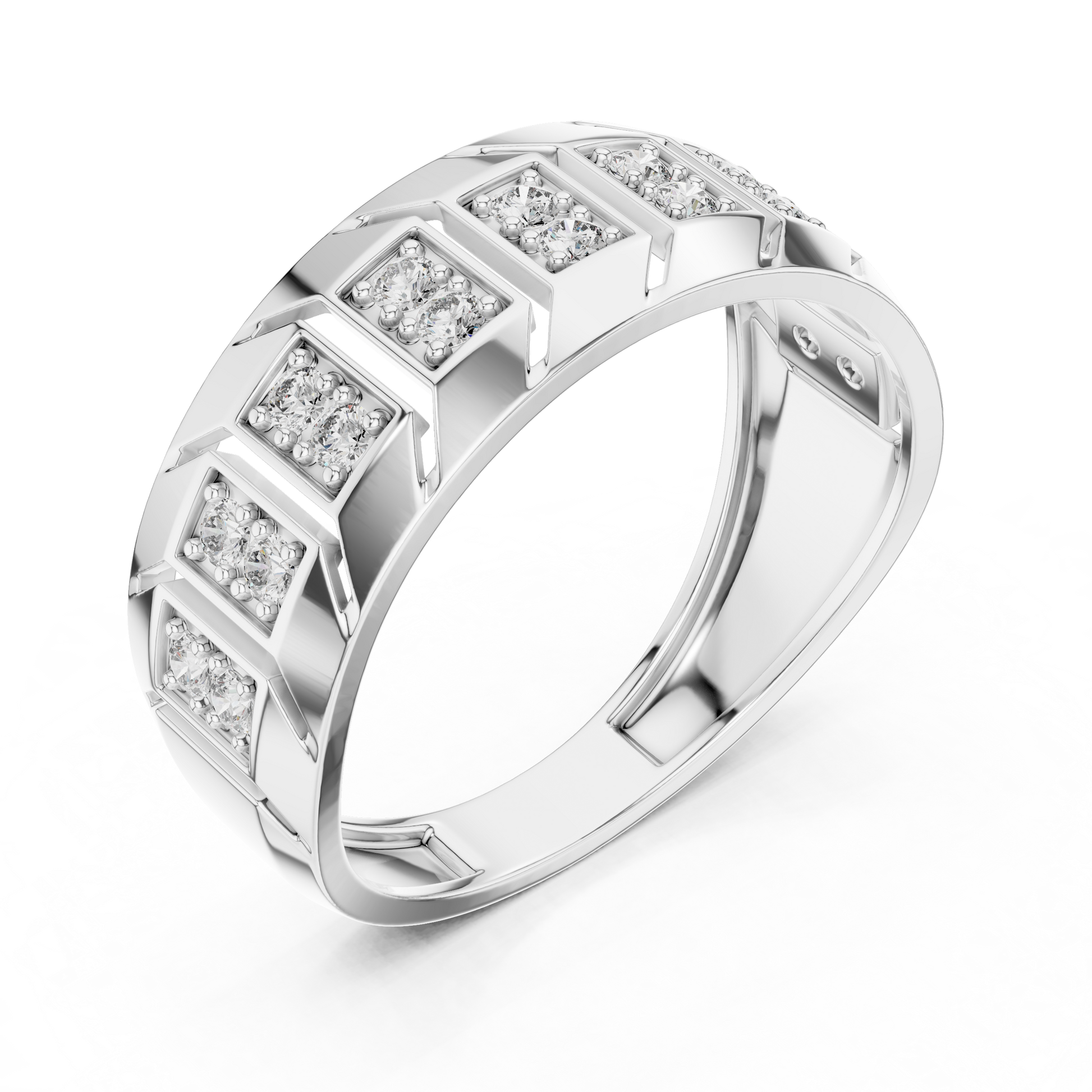Classic Wide-Profile Bar Cluster Diamond Men’s Wedding Band in Sterling Silver