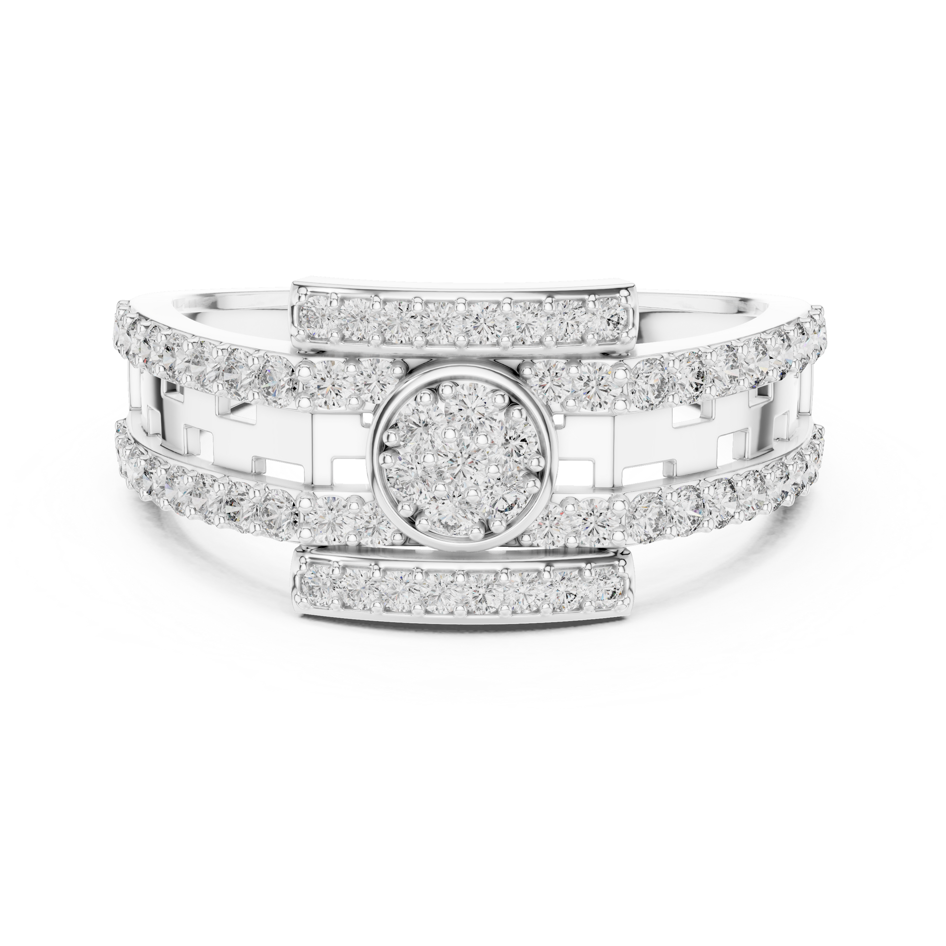 Men's Architectural Geometric Cluster Round Pavé Diamond Ring in Sterling Silver