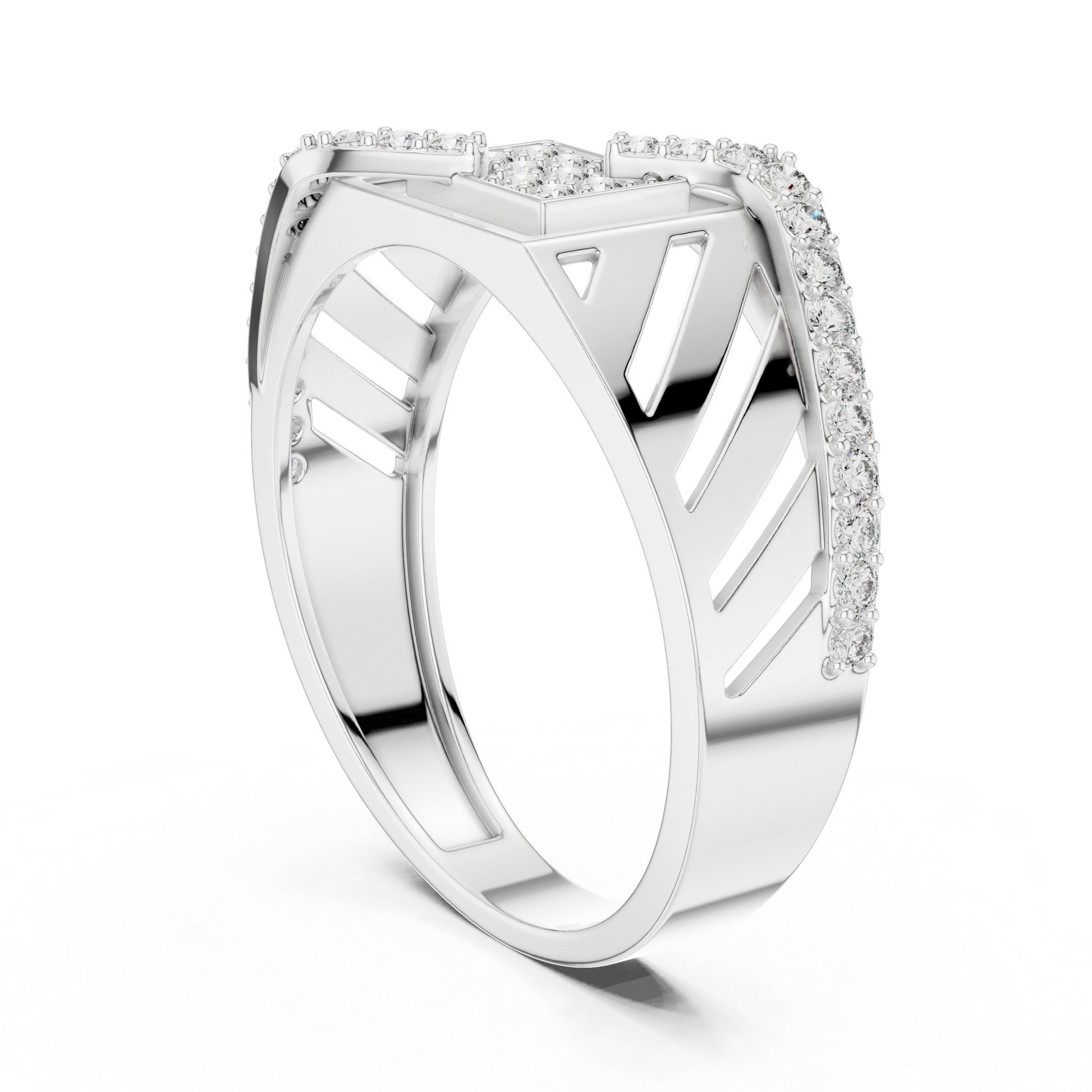 Sterling Silver Geometric Openwork Round Moissanite Diamond Statement Signet Ring