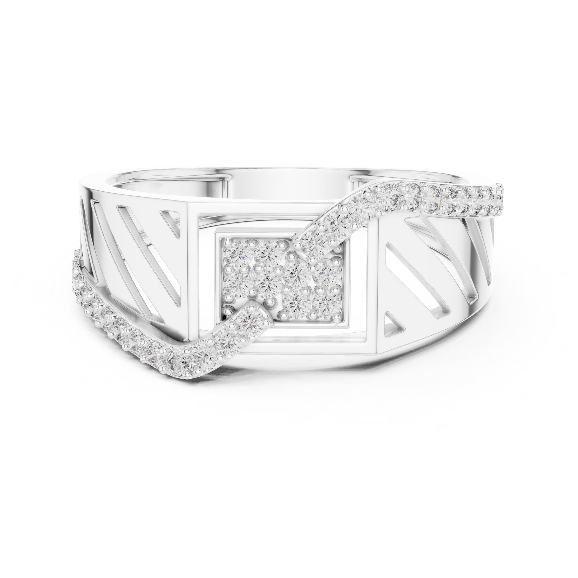Sterling Silver Geometric Openwork Round Moissanite Diamond Statement Signet Ring