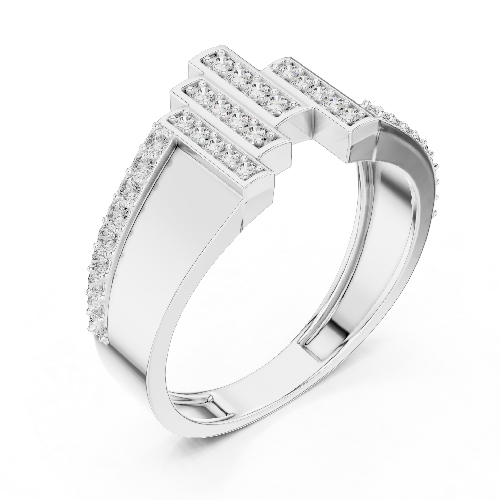Asymmetrical Vertical Bar Round Moissanite Diamond Sterling Silver Statement Ring