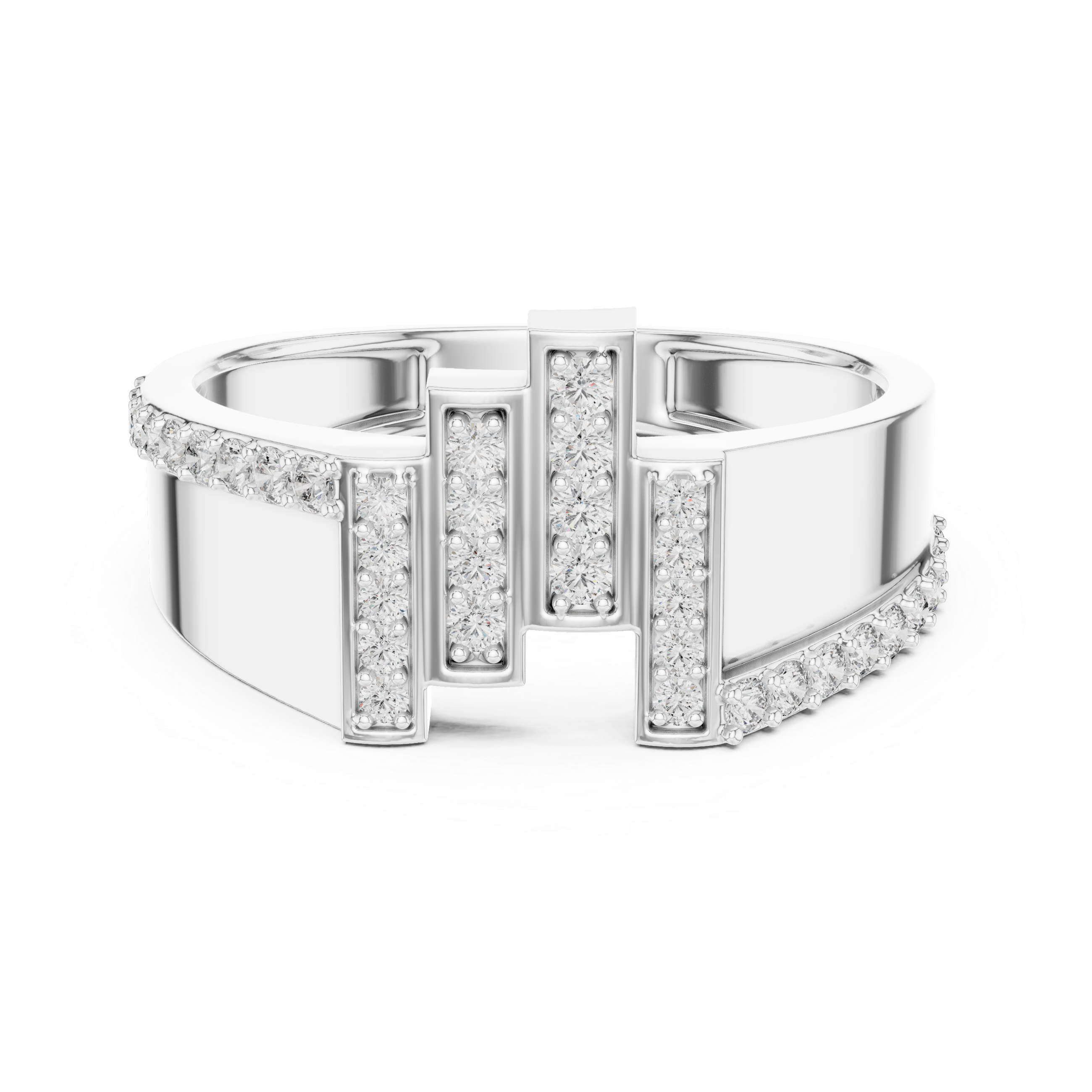 Asymmetrical Vertical Bar Round Moissanite Diamond Sterling Silver Statement Ring