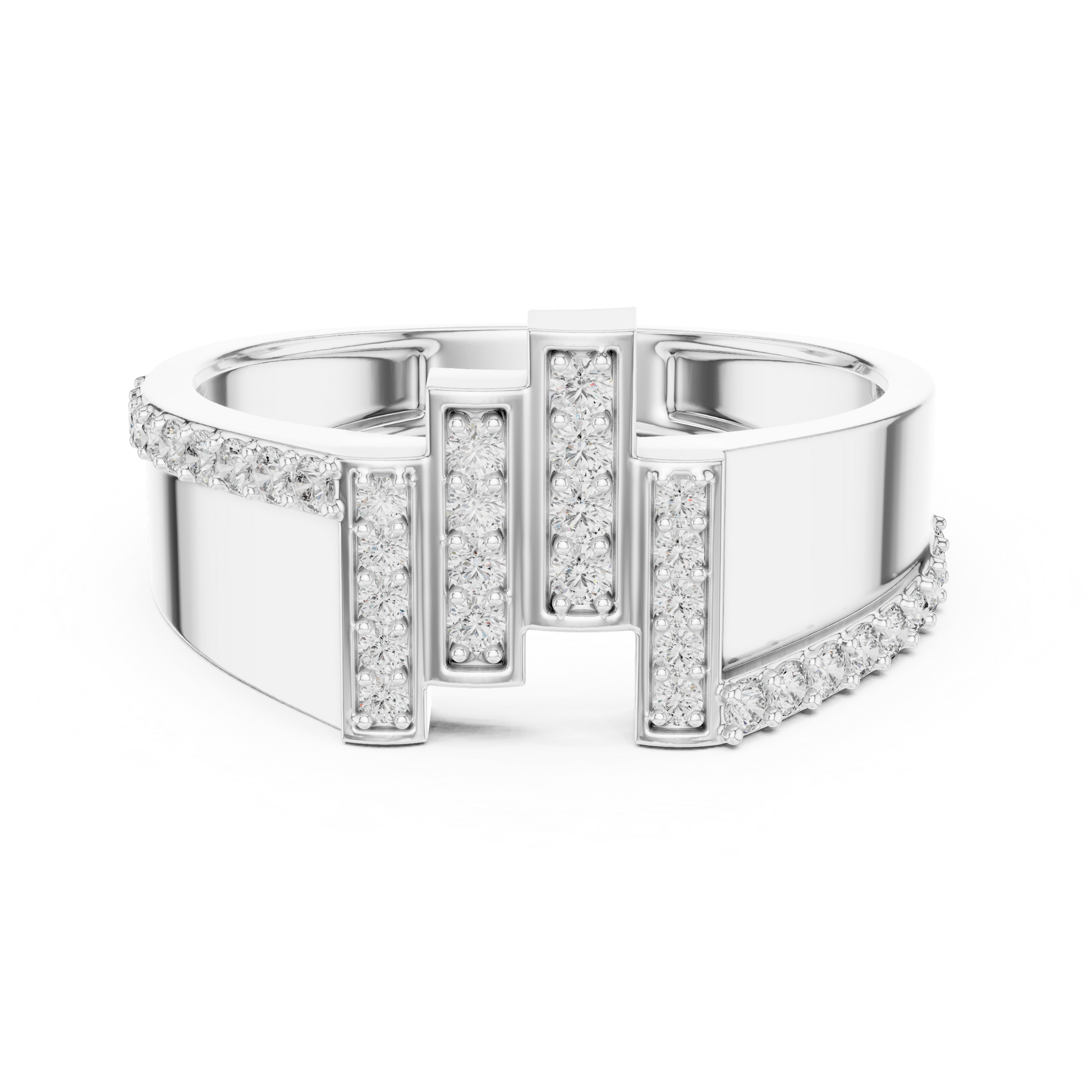 Asymmetrical Vertical Bar Round Moissanite Diamond Sterling Silver Statement Ring