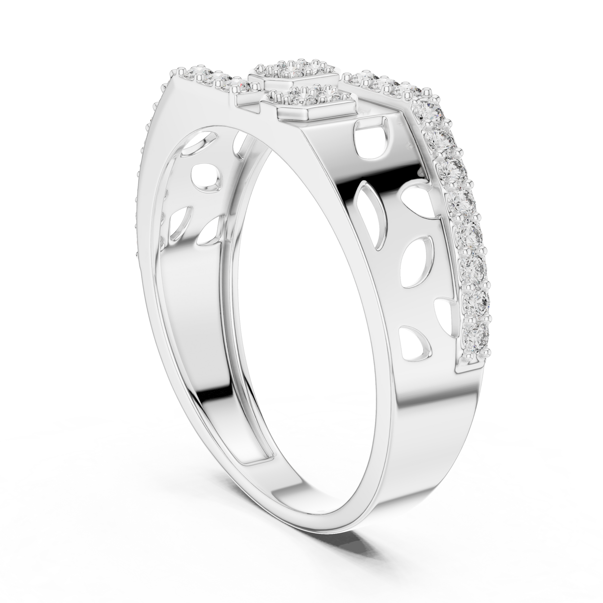 Geometric Openwork Sterling Silver Cluster Diamond Statement Band with Asymmetrical Pavé Borders