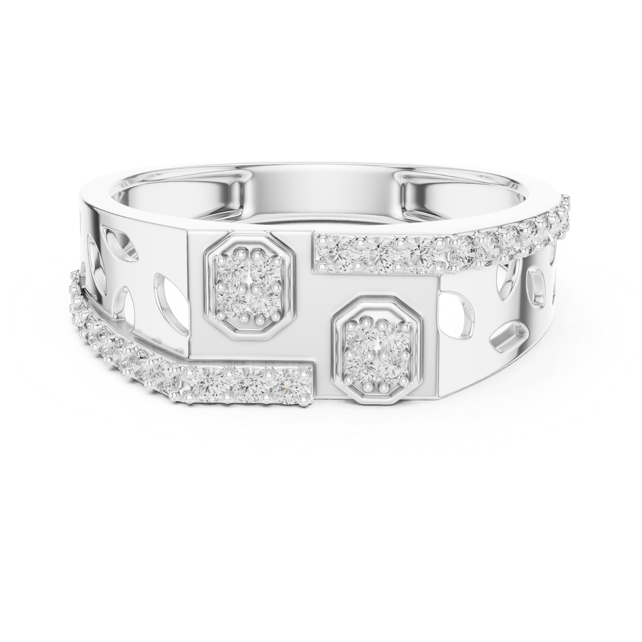Geometric Openwork Sterling Silver Cluster Diamond Statement Band with Asymmetrical Pavé Borders