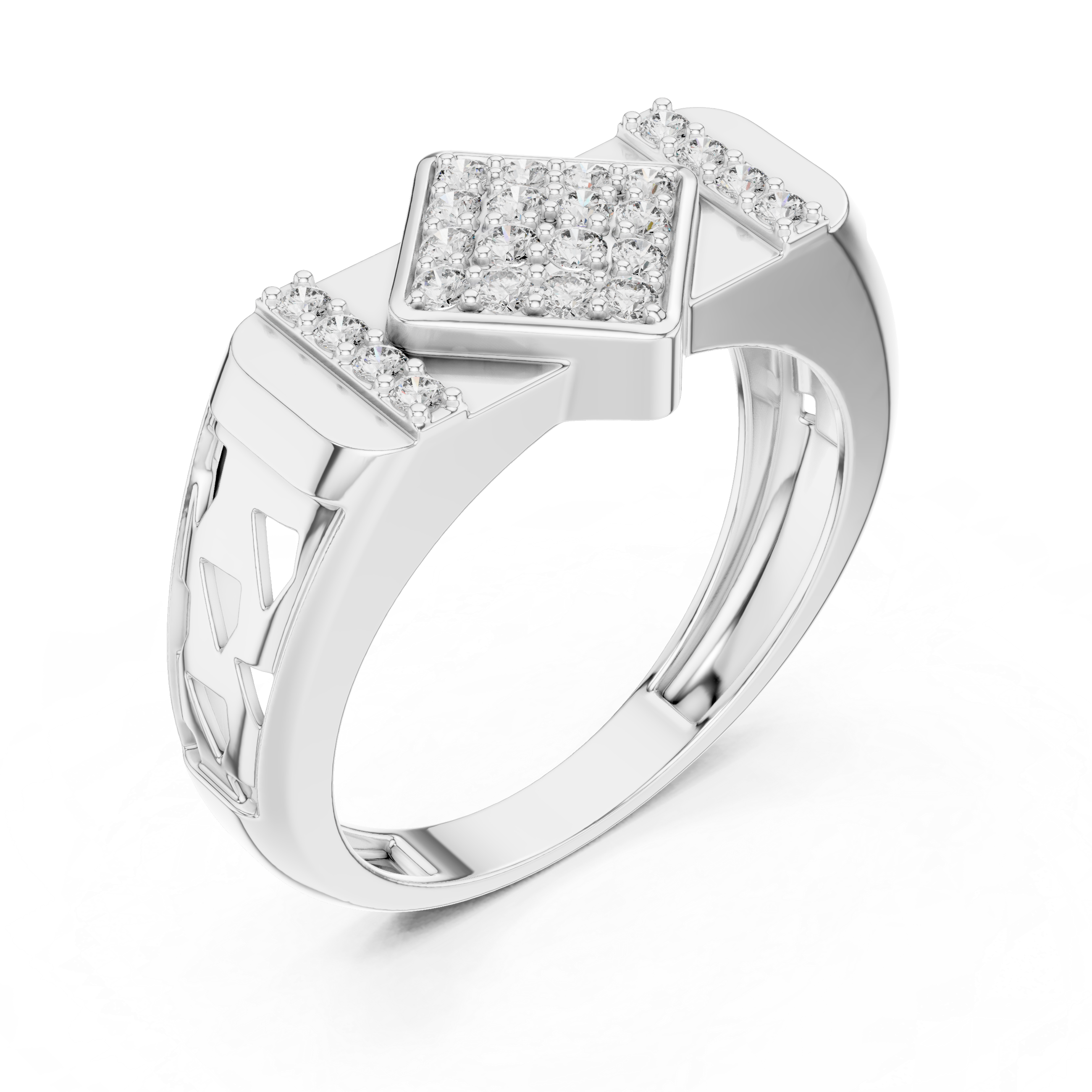 Sterling Silver Men's Signet-style Rhombus Shaped Moissanite Cluster Ring