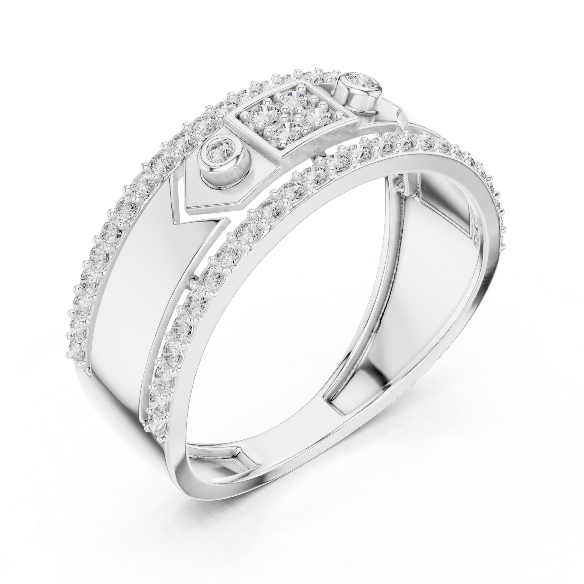 925 Sterling Silver Geometric Accented Moissanite Band Statement Ring