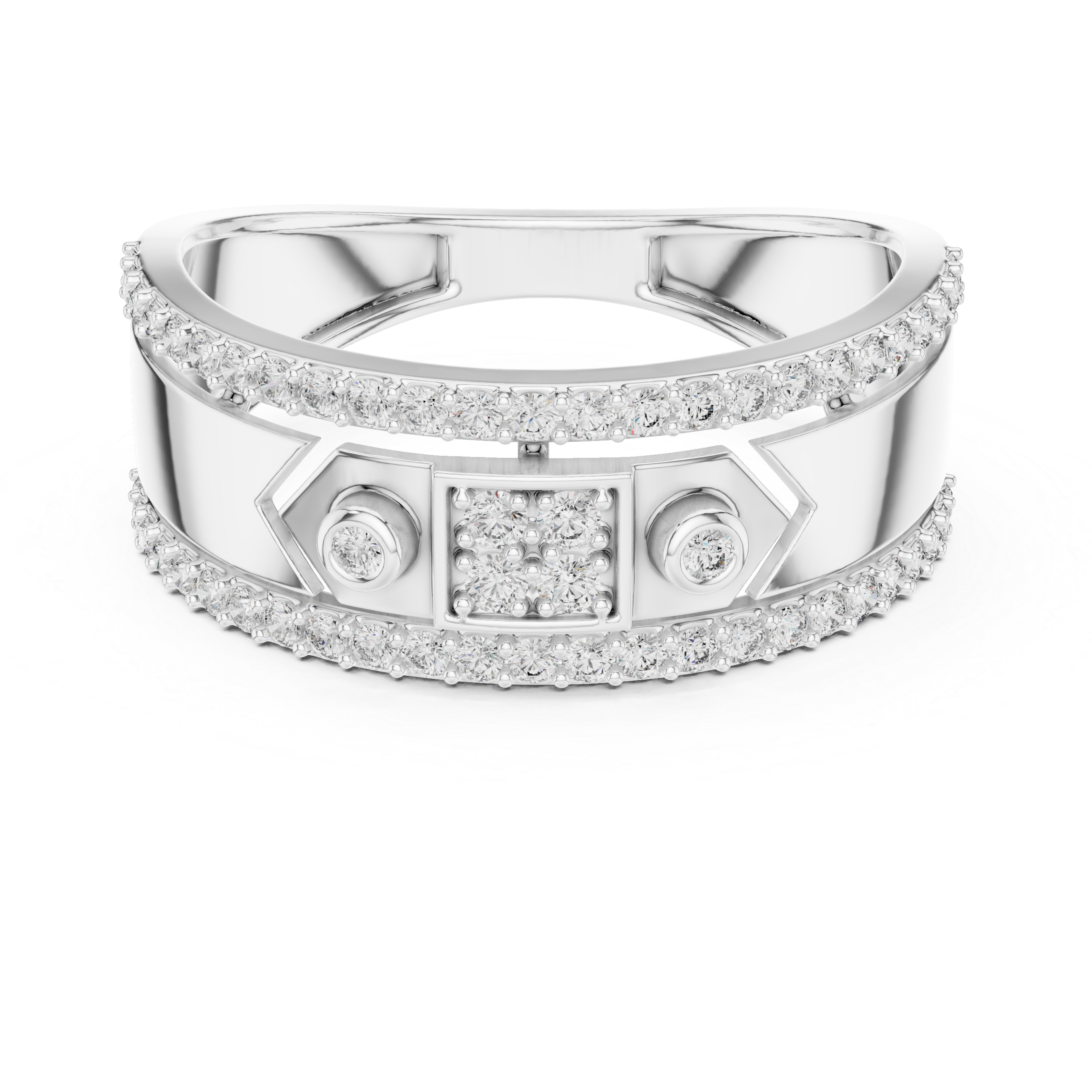 925 Sterling Silver Geometric Accented Moissanite Band Statement Ring