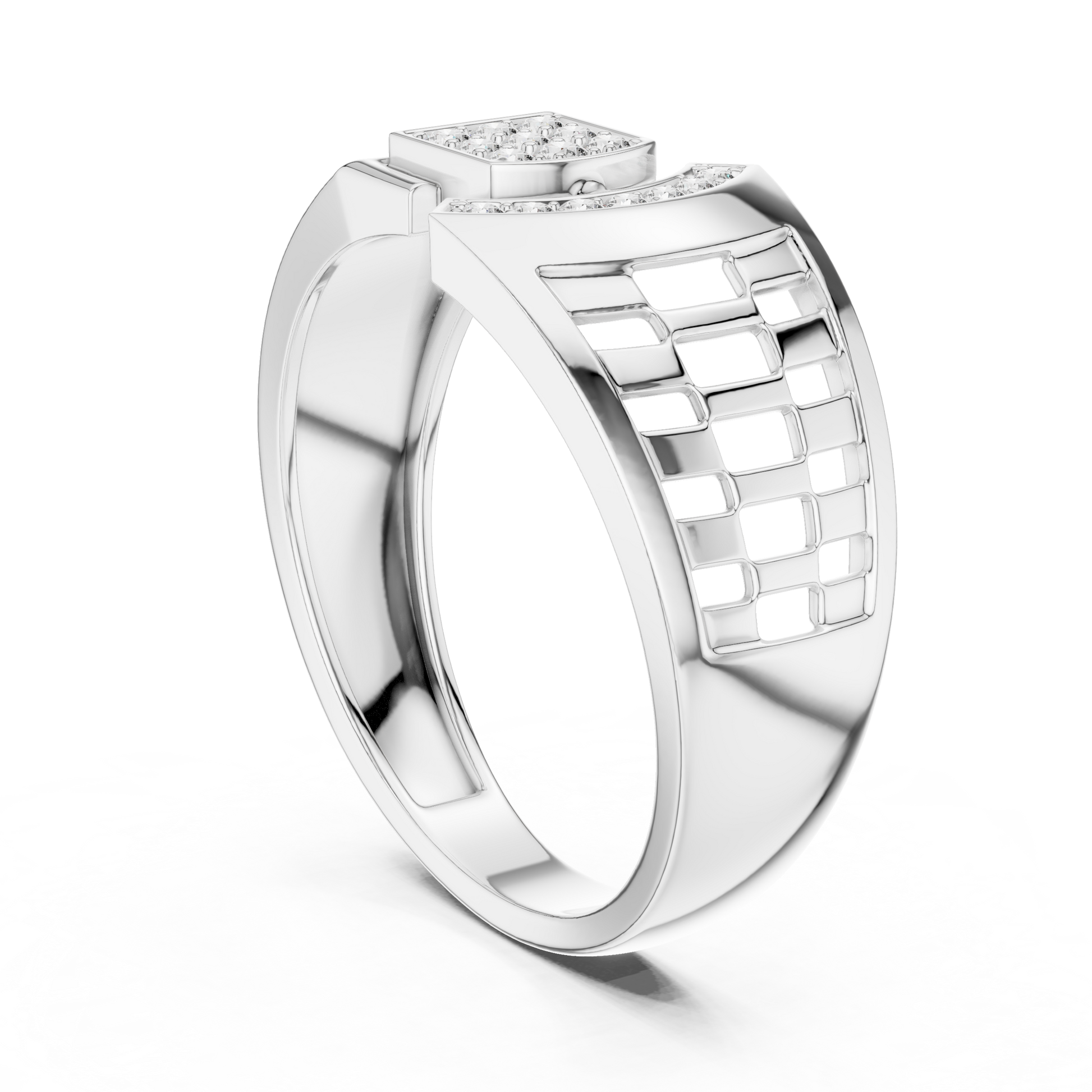 Round Moissanite Diamond Men's Statement Ring with Architectural Grid Design