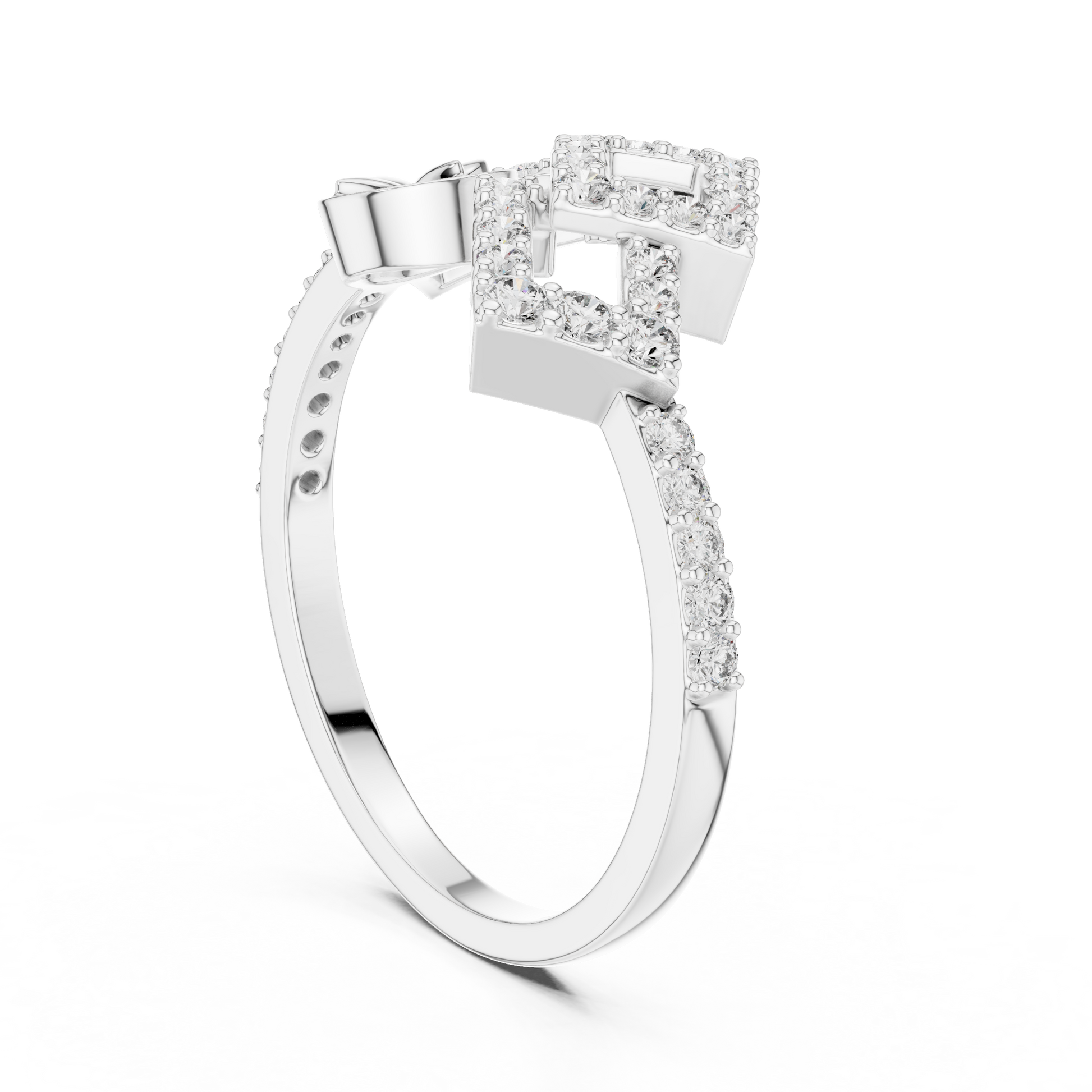 Open Bypass Contemporary Geometric Monogram Moissanite Diamond Ring in 925 Sterling Silver
